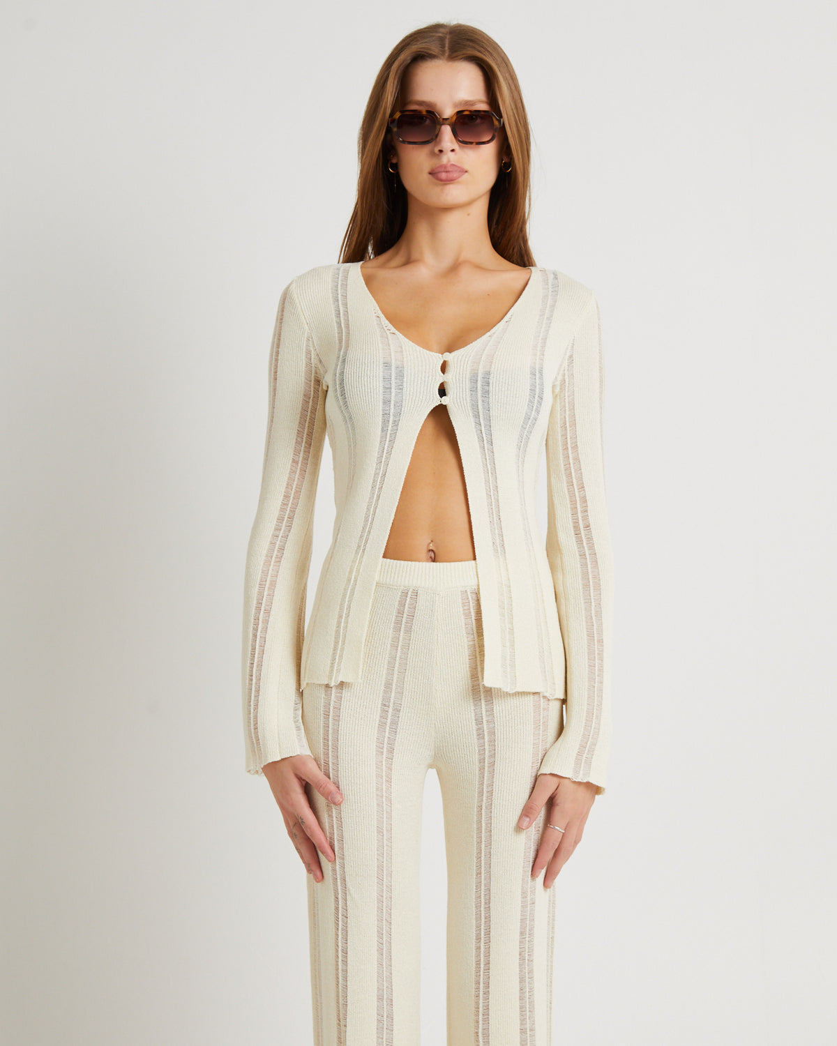 Ladder Knit Button Long Sleeve Top OAT