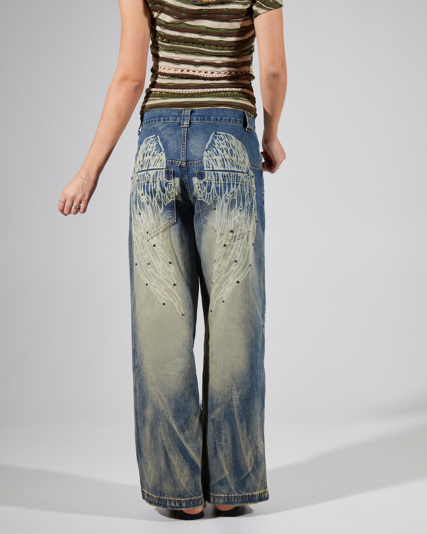 Wing Print Studded Lowrise Colossus Jeans