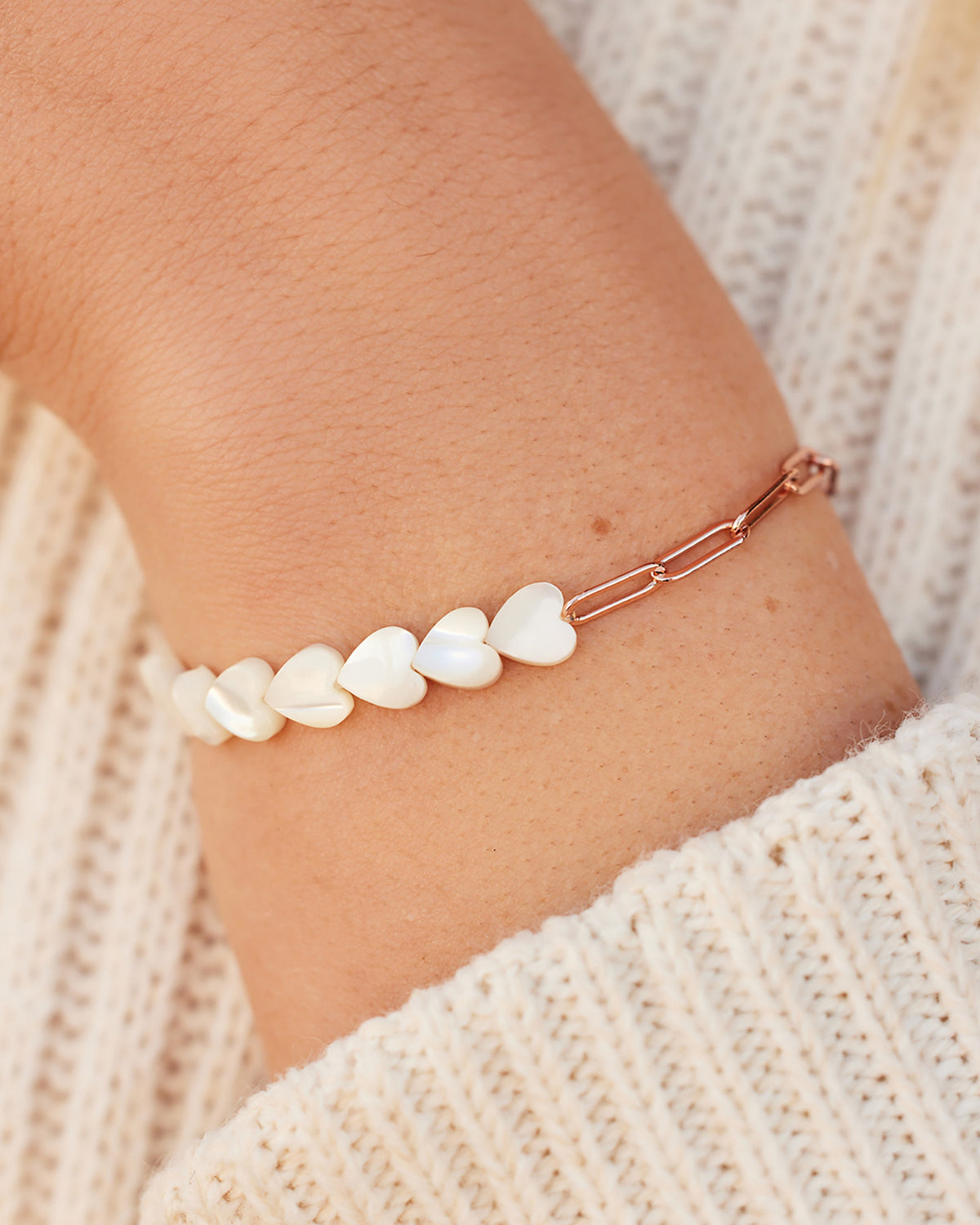 Pearl Heart Paperclip Chain Bracelet ROSE GOLD