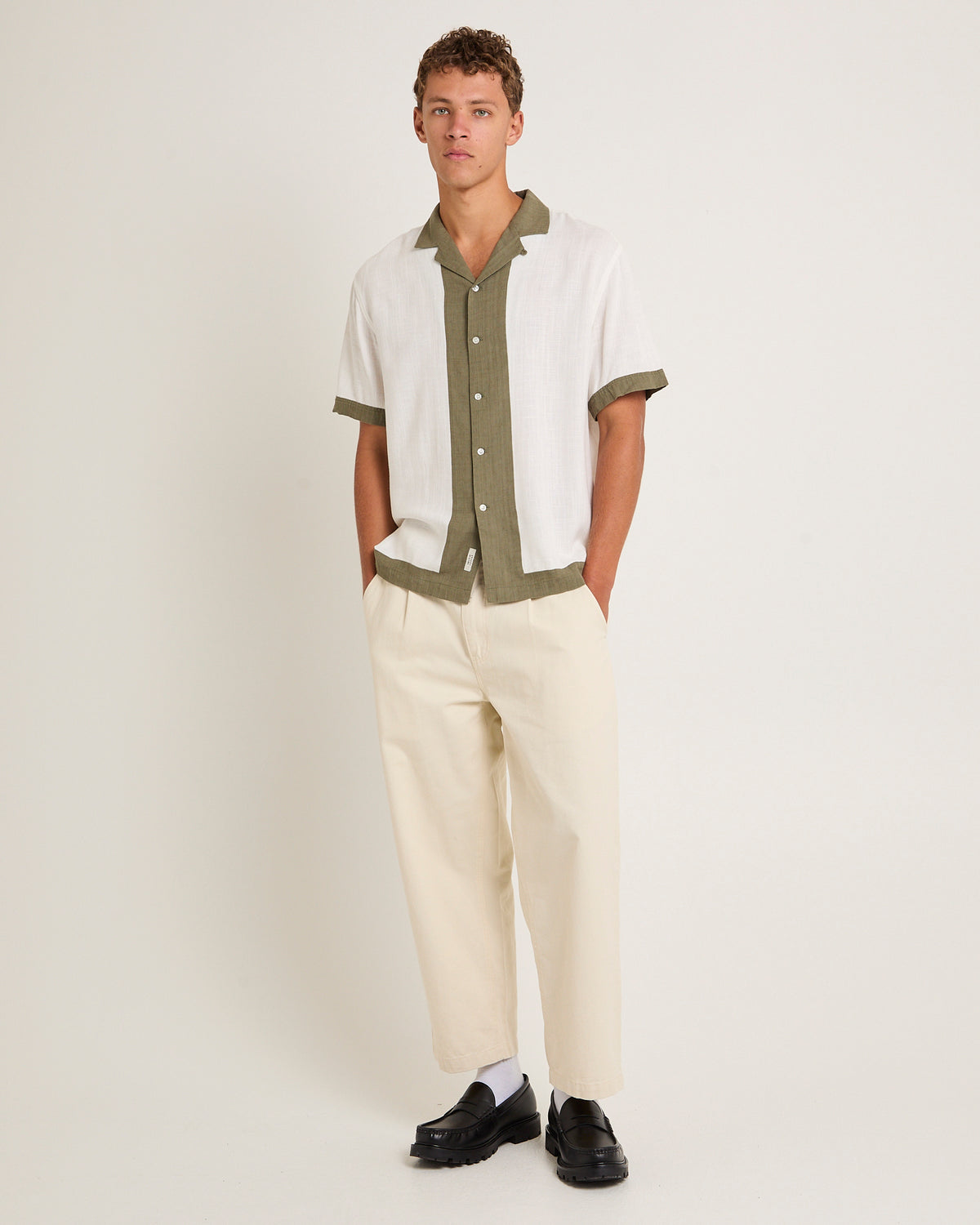 Border Linen Short Sleeve Resort Shirt NATURAL/GREEN