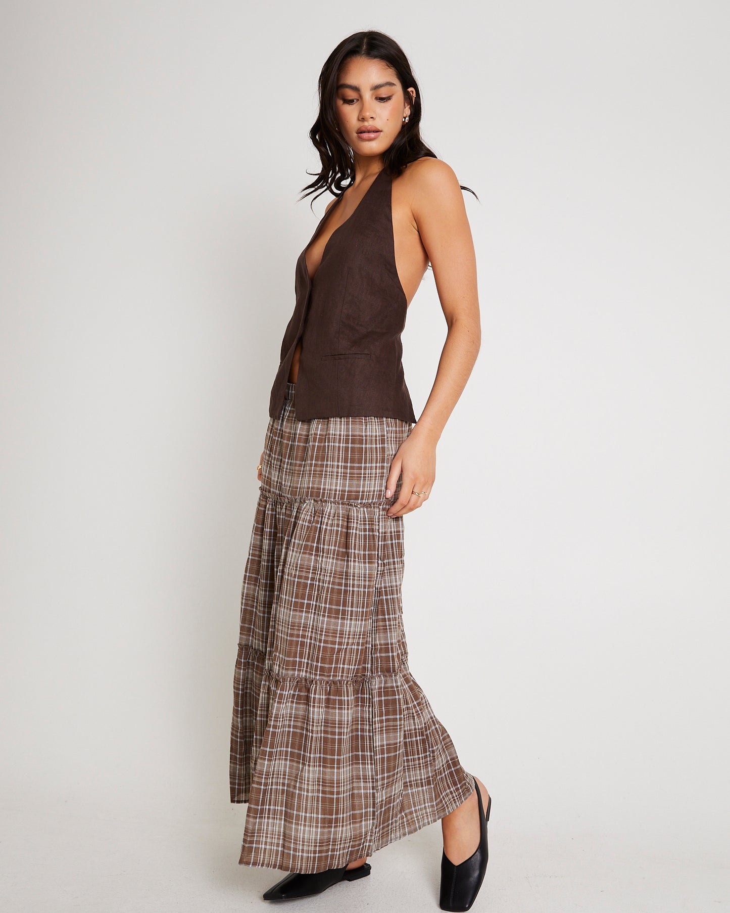 Juno Tierd Check Midi Skirt