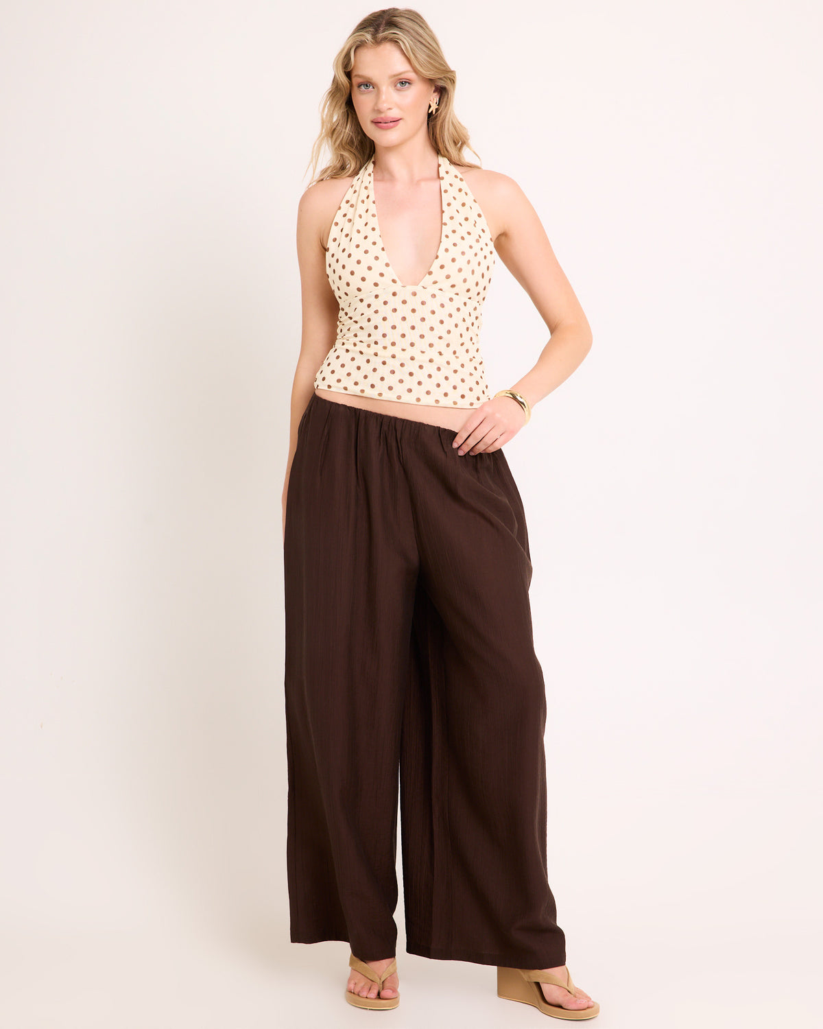 Ava Slinky Plunge Top BUTTERSCOTCH BROWN POLKA