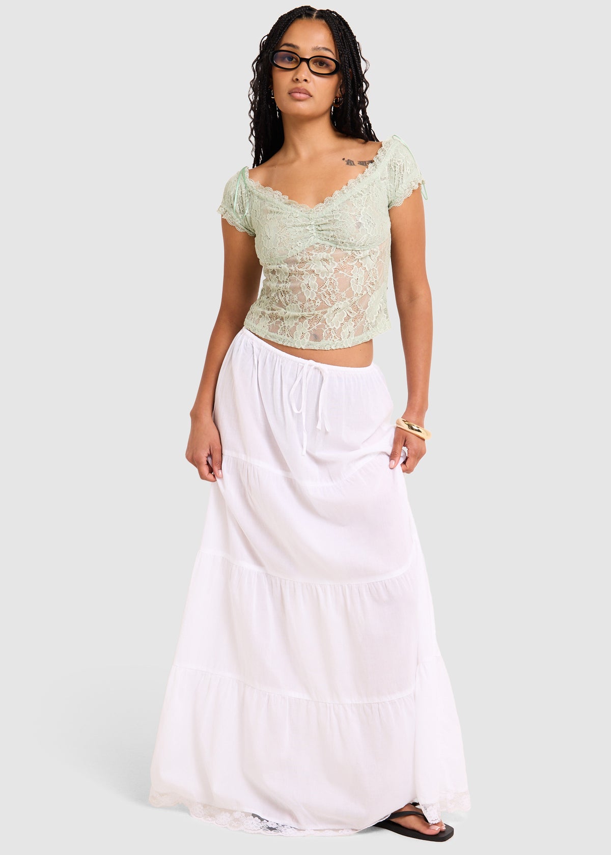 Elsie Lace Off Shoulder Top MATCHA