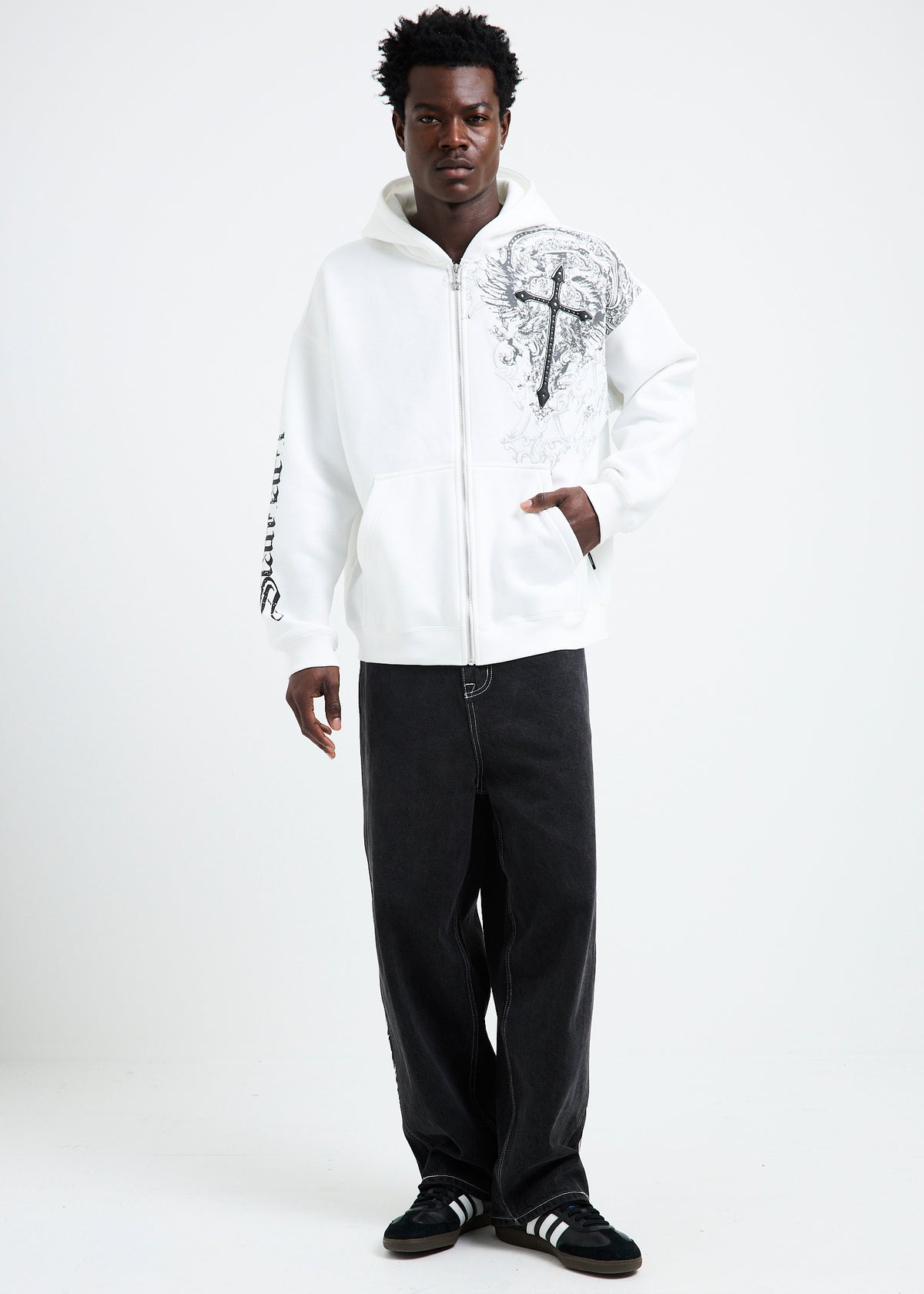 Crucifix Zip Hoodie WHITE