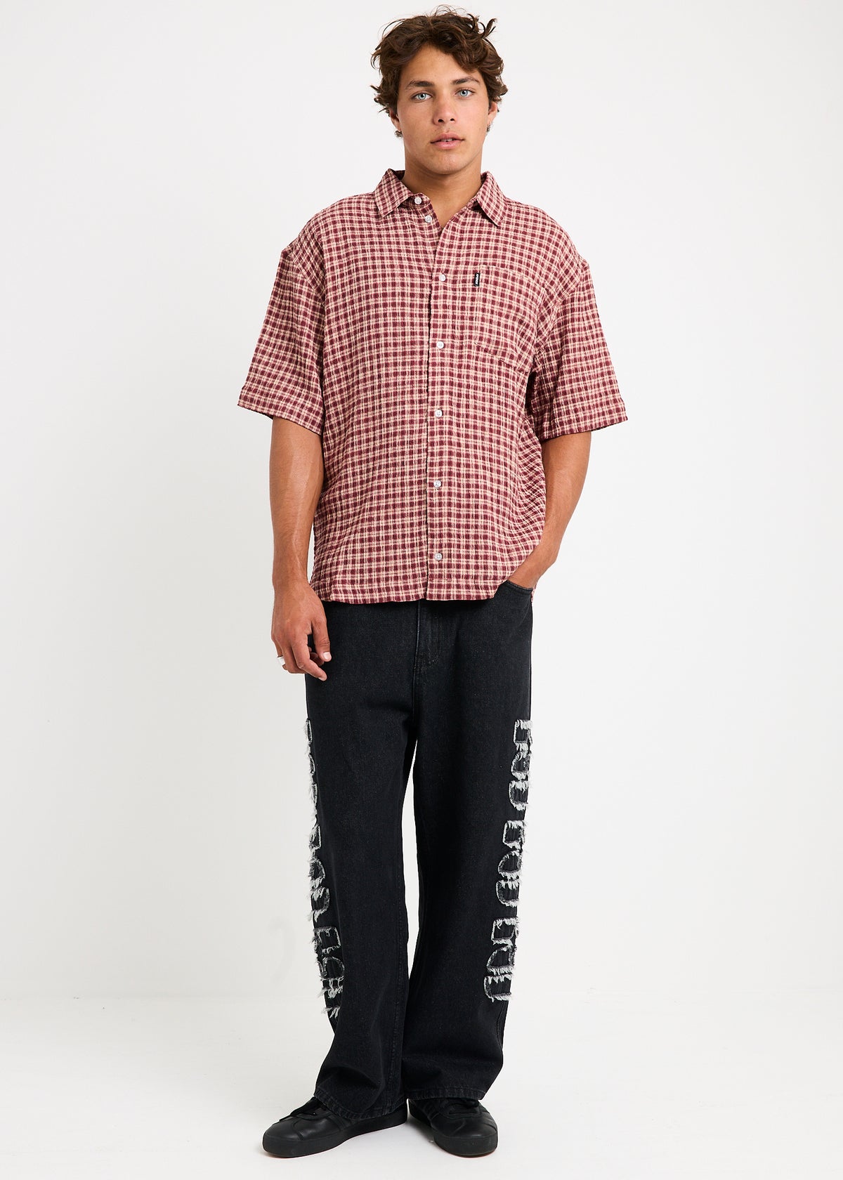 Capricorn Seersucker Short Sleeve Shirt BURGUNDY / BEIGE CHECK