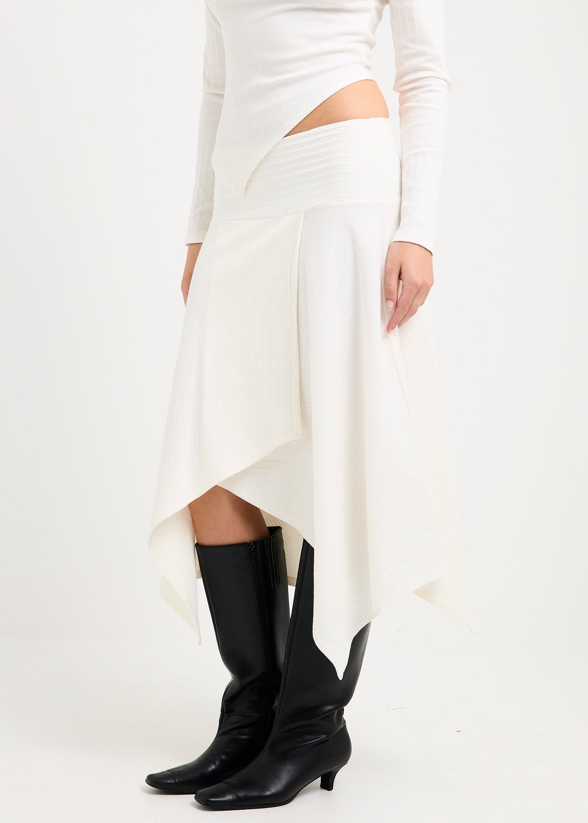 Ashley Ribbed Assymetrical Wrap Midi Skirt WHITE