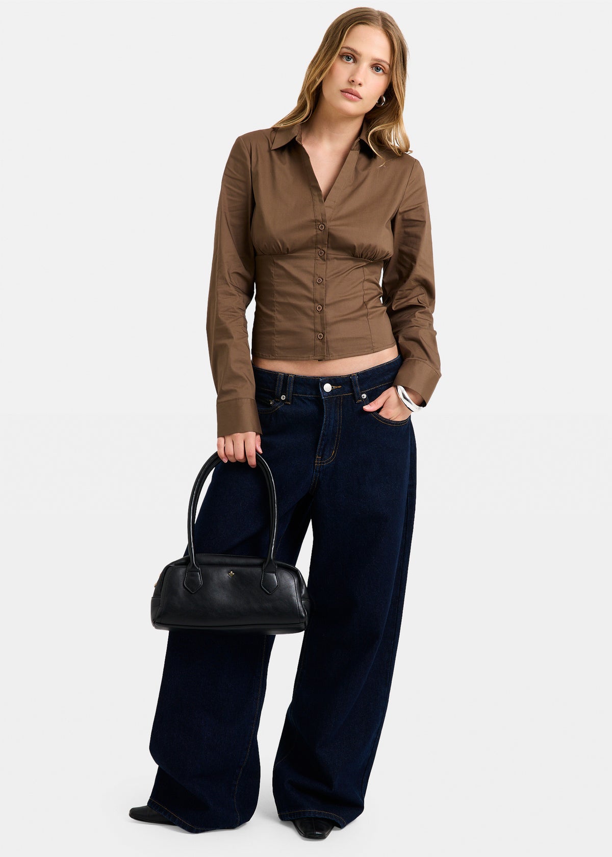 Isha Button Down Long Sleeve Shirt CHOCOLATE
