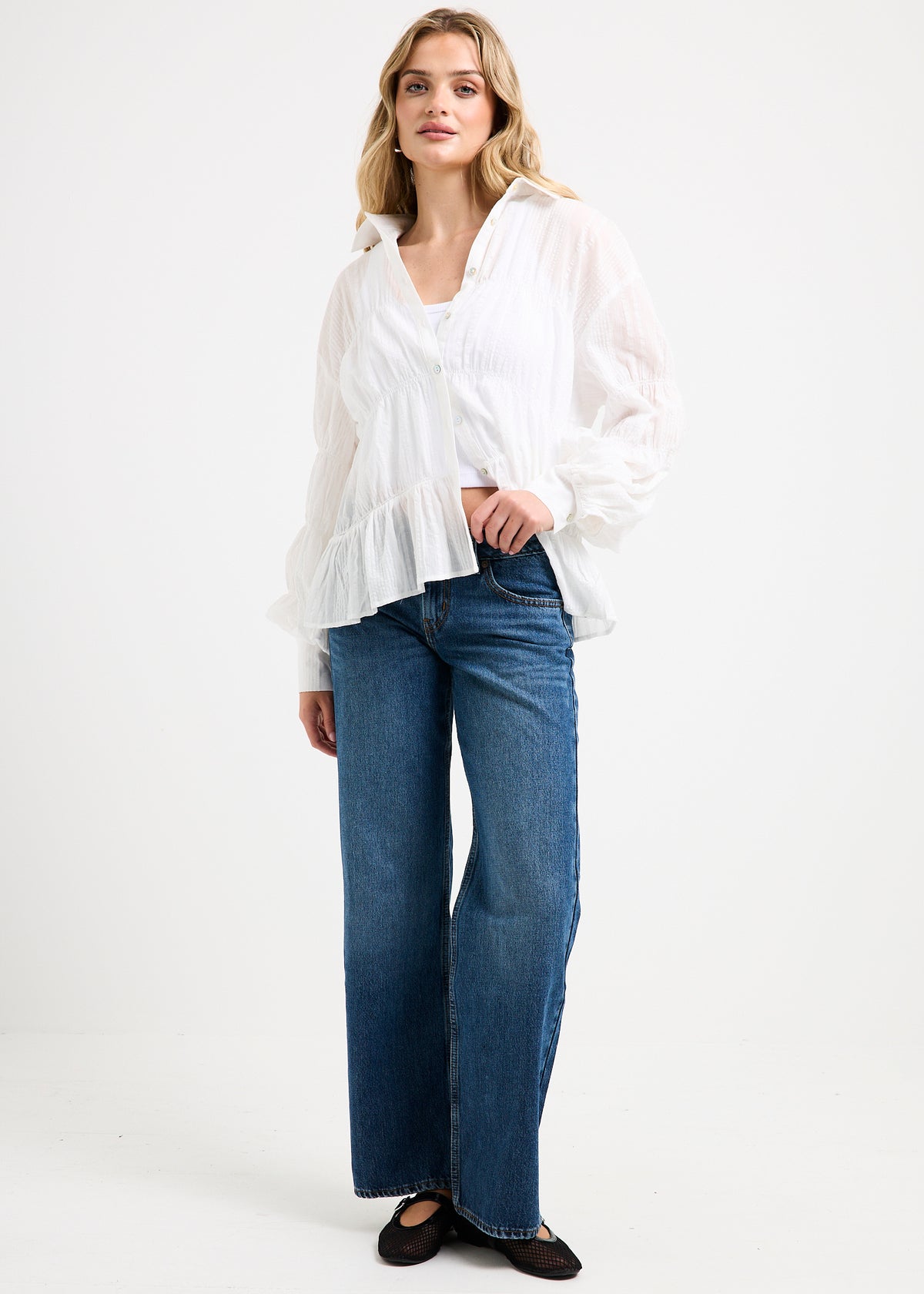 Chicago Shirred Long Sleeve Shirt WHITE