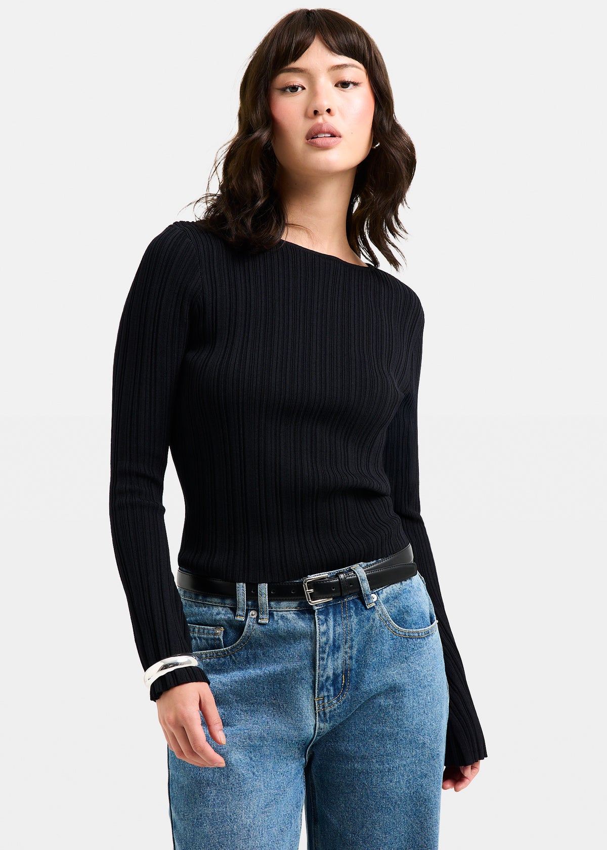 Holland Boat Neck Long Sleeve Knit Top BLACK
