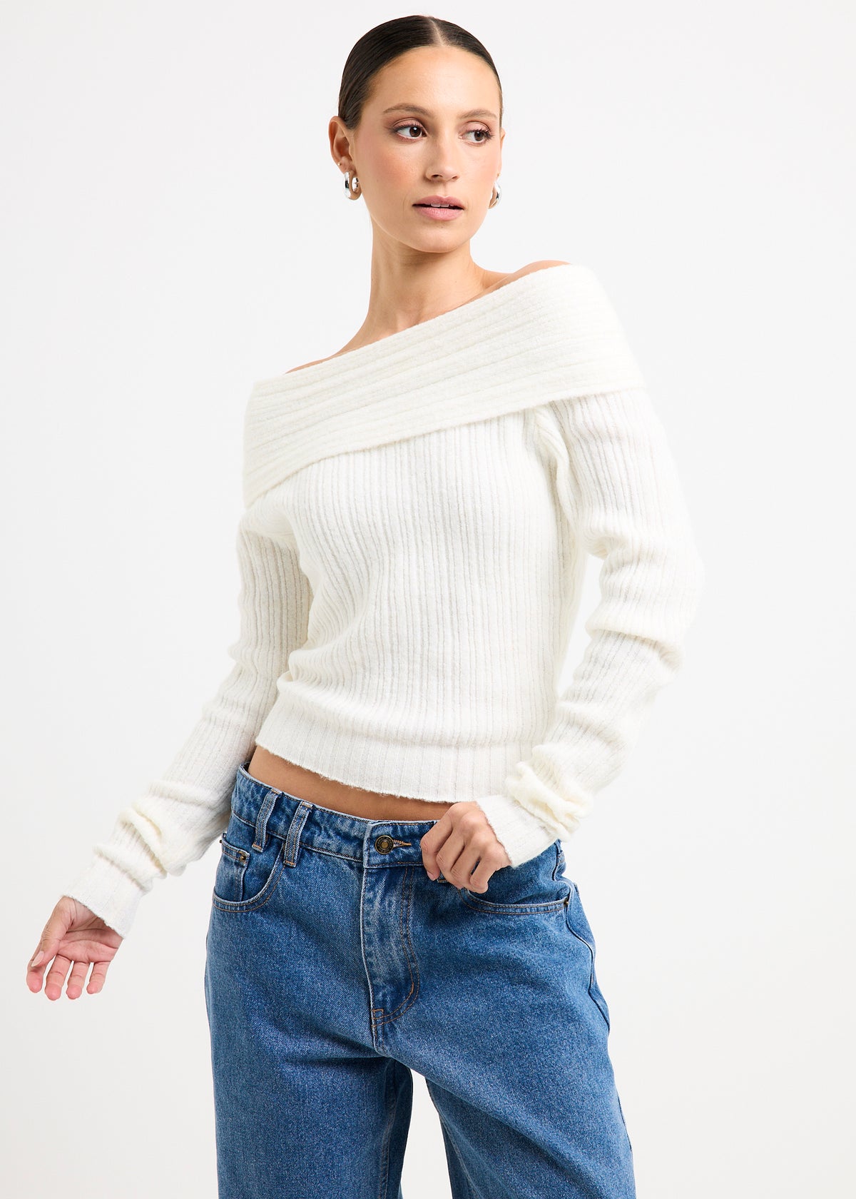Claudia Off Shoulder Rib Knit Top IVORY