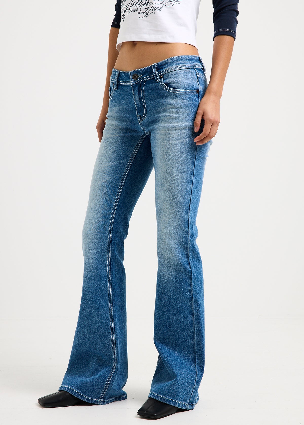 Beckham Y2K Flare Denim Jeans INDIGO WHISKERED