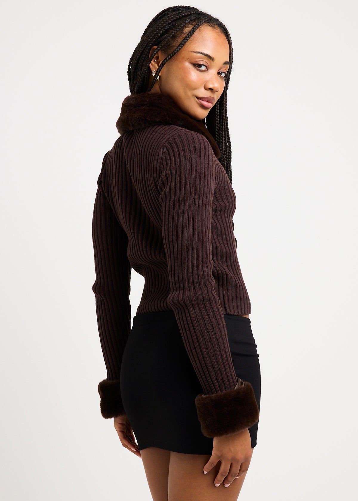 Marguerite Fur Trim Knit Cardi COCOA