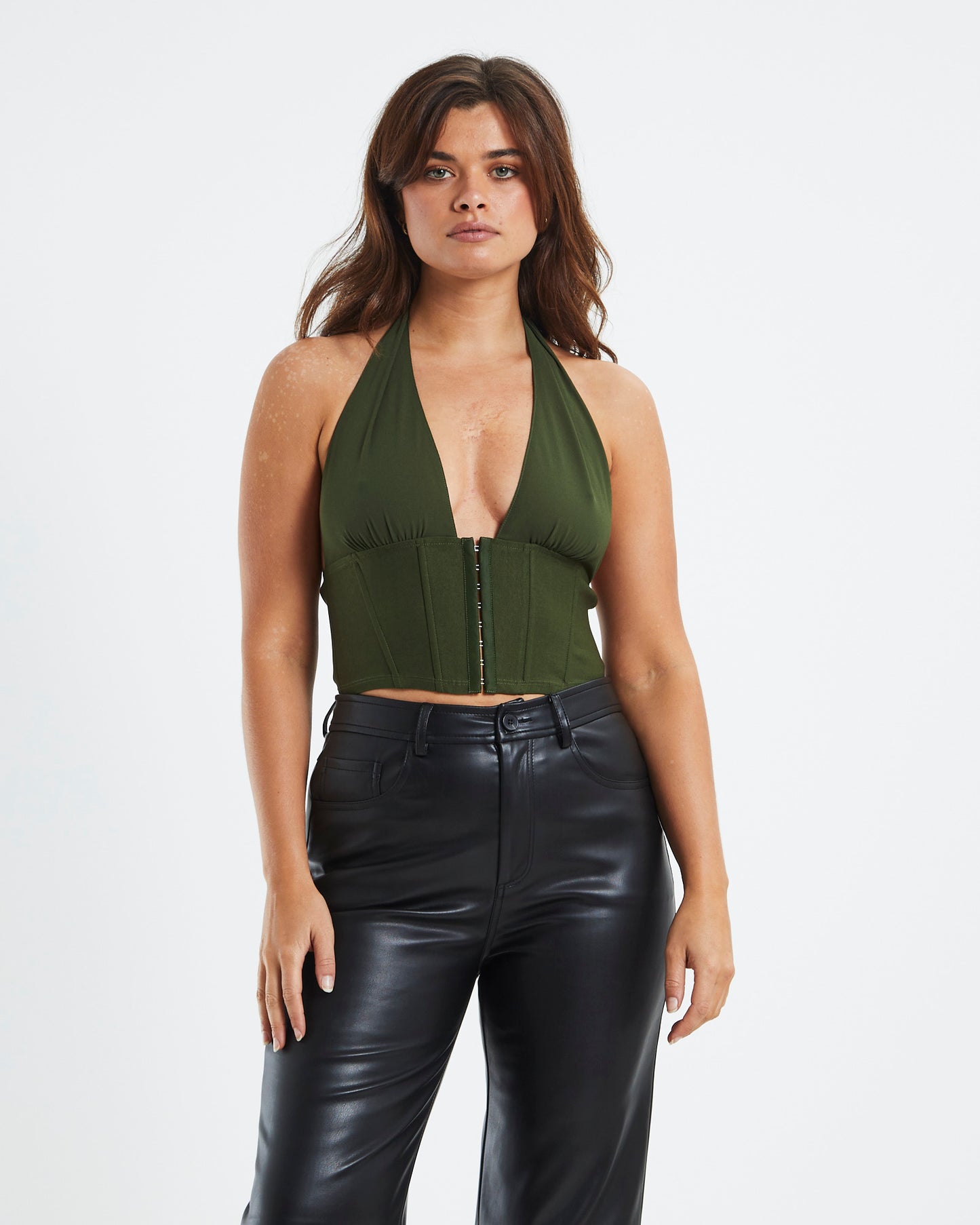 Vesper Eyelet Front Halter Corset Khaki