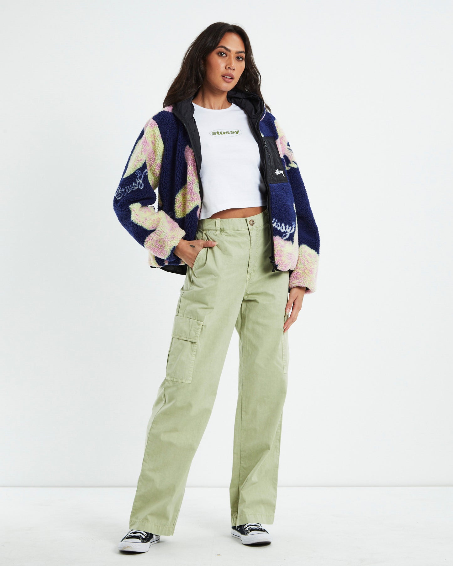 Stock Sherpa Hoodie Jacket Floral Navy