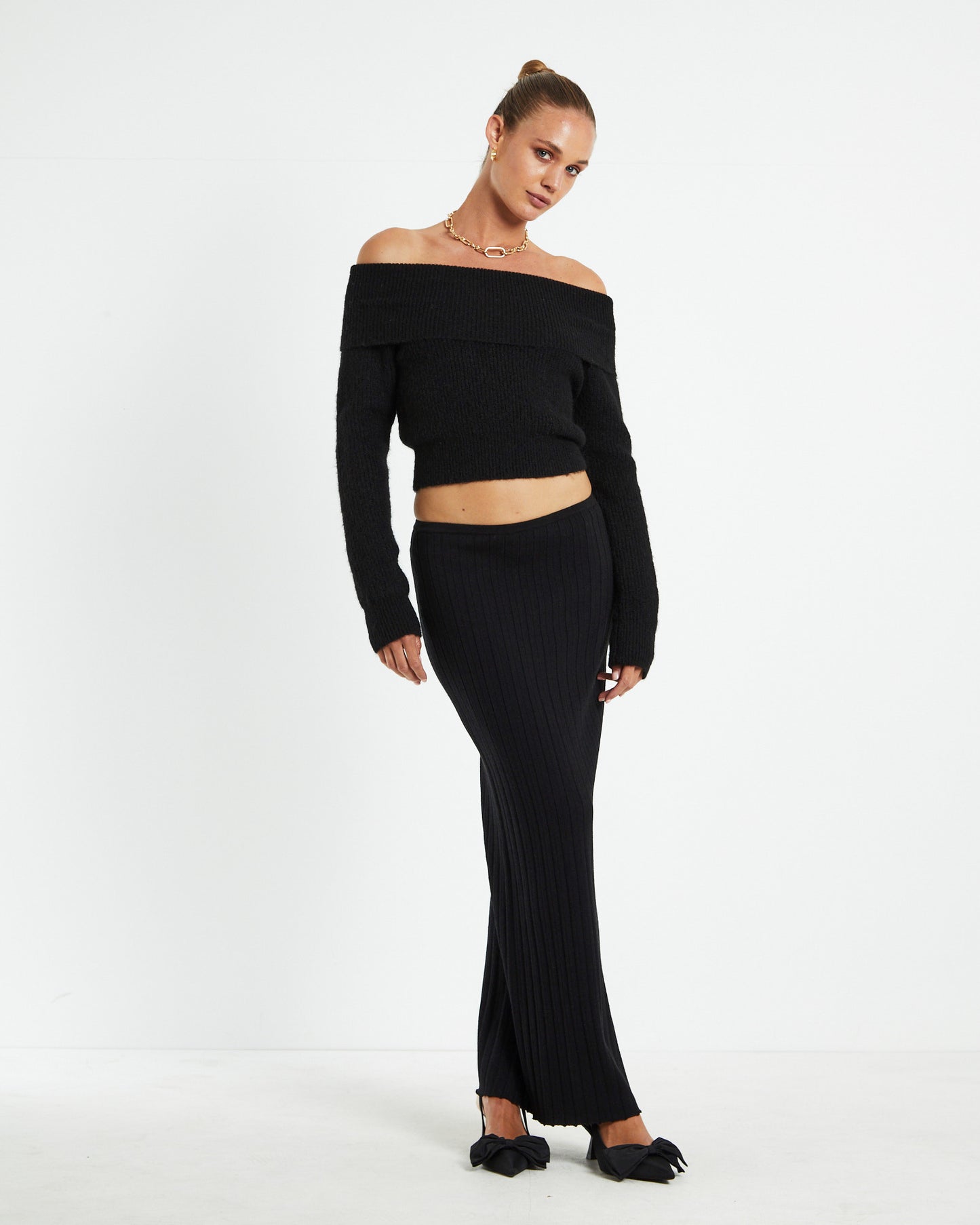 Tayla Texture Knit Midi Skirt Black