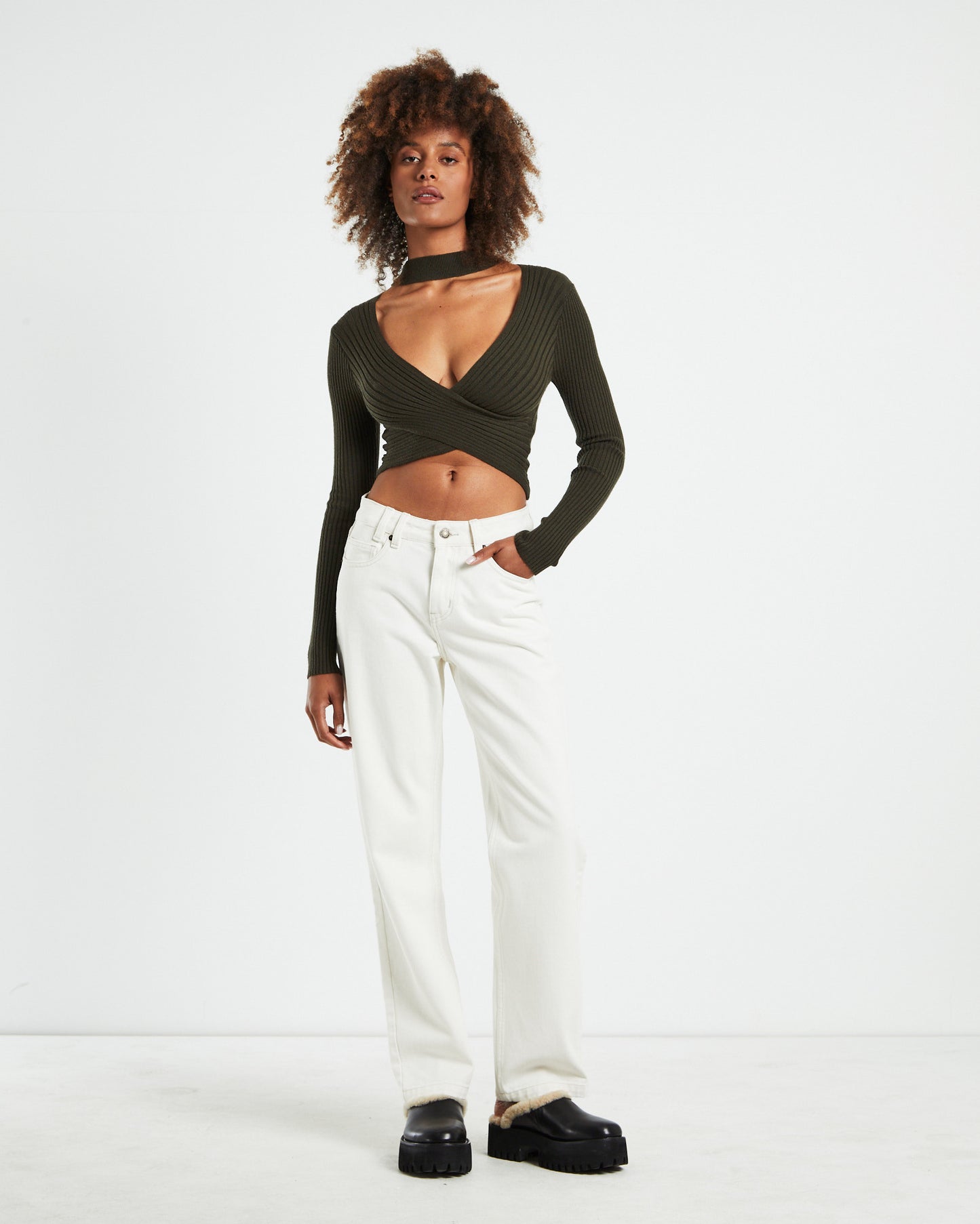 Amelia Choker Long Sleeve Top Khaki Green