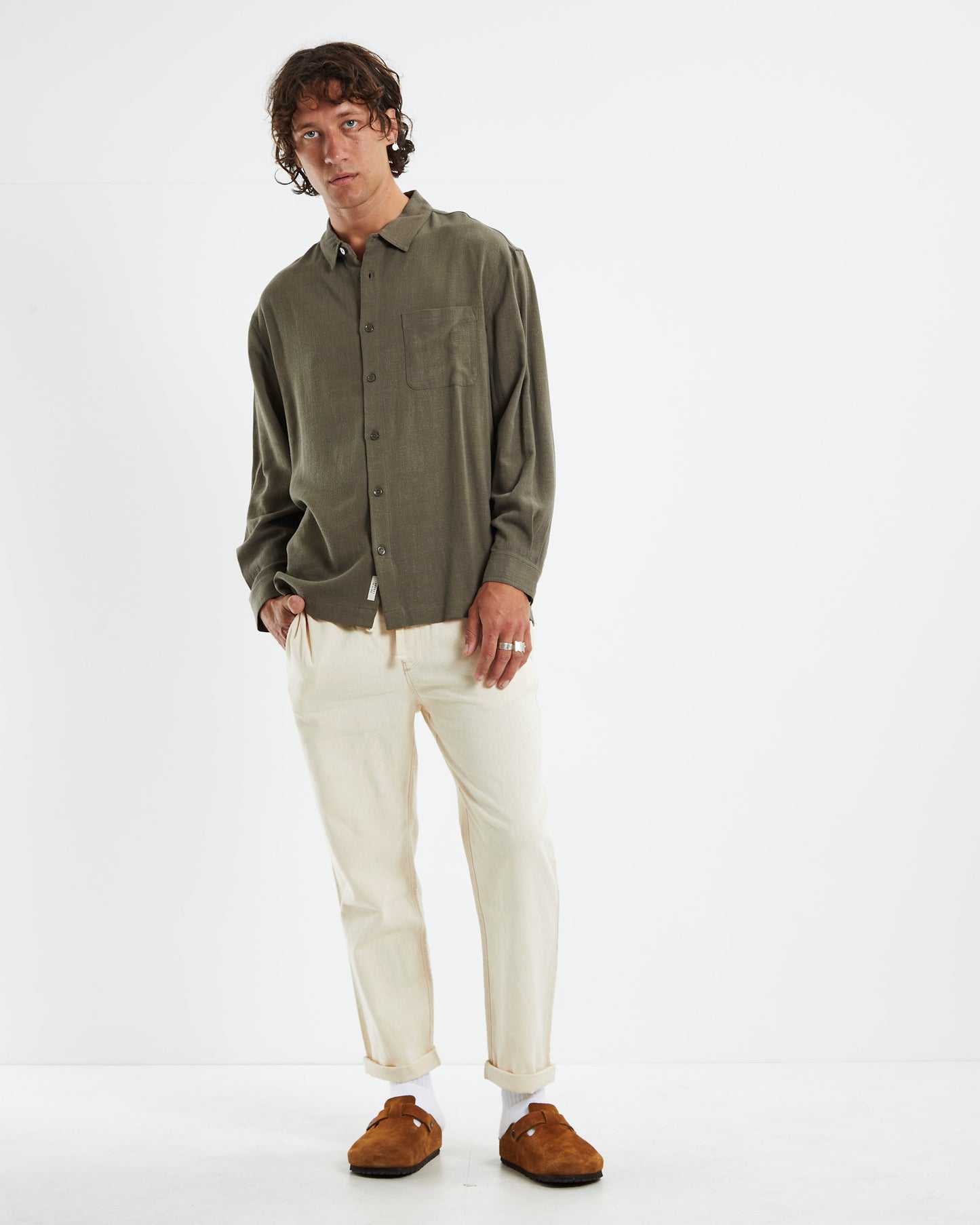 Harrison Linen Long Sleeve Shirt Olive Green