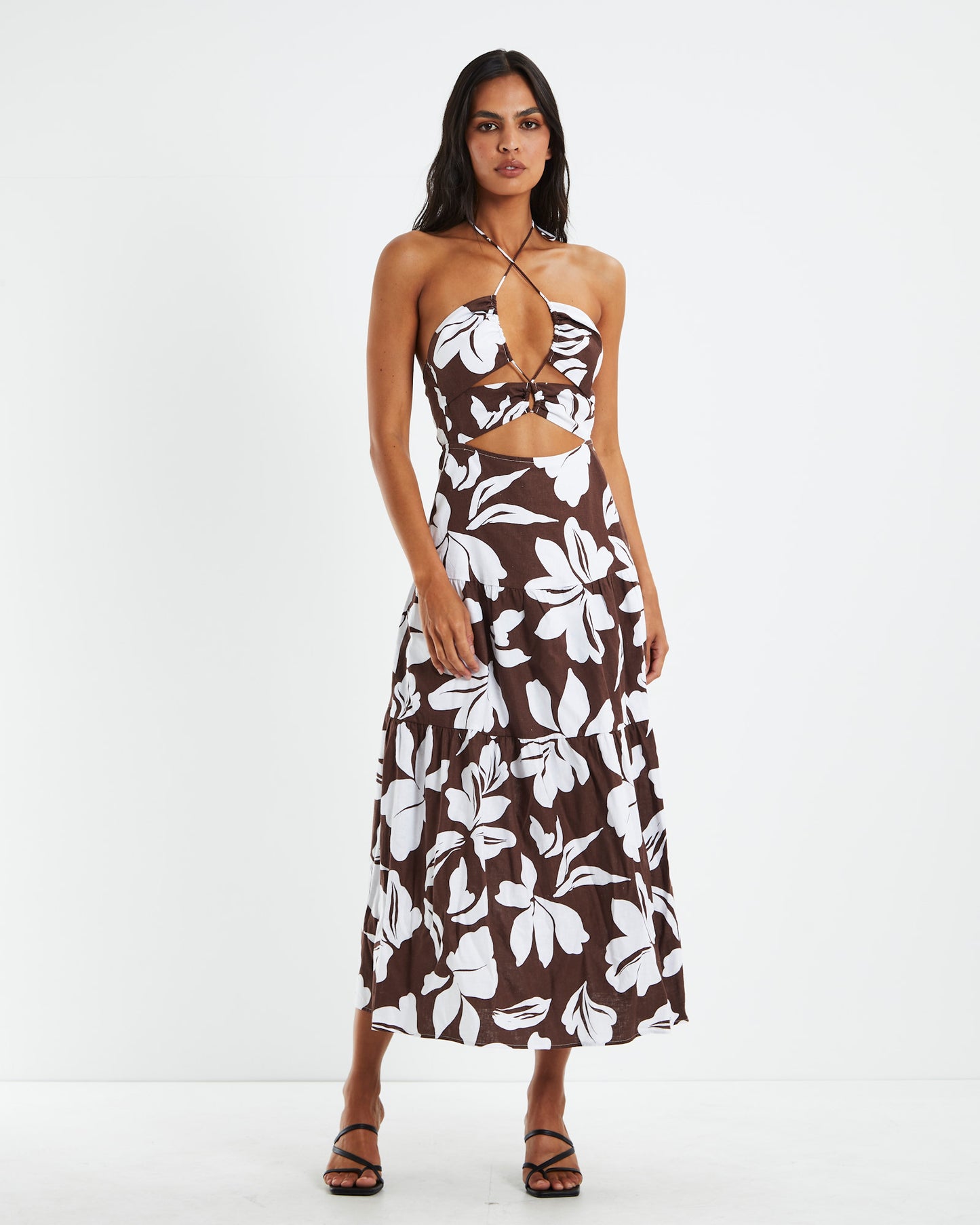 Niah Tiered Tie Up Dress Brown/White