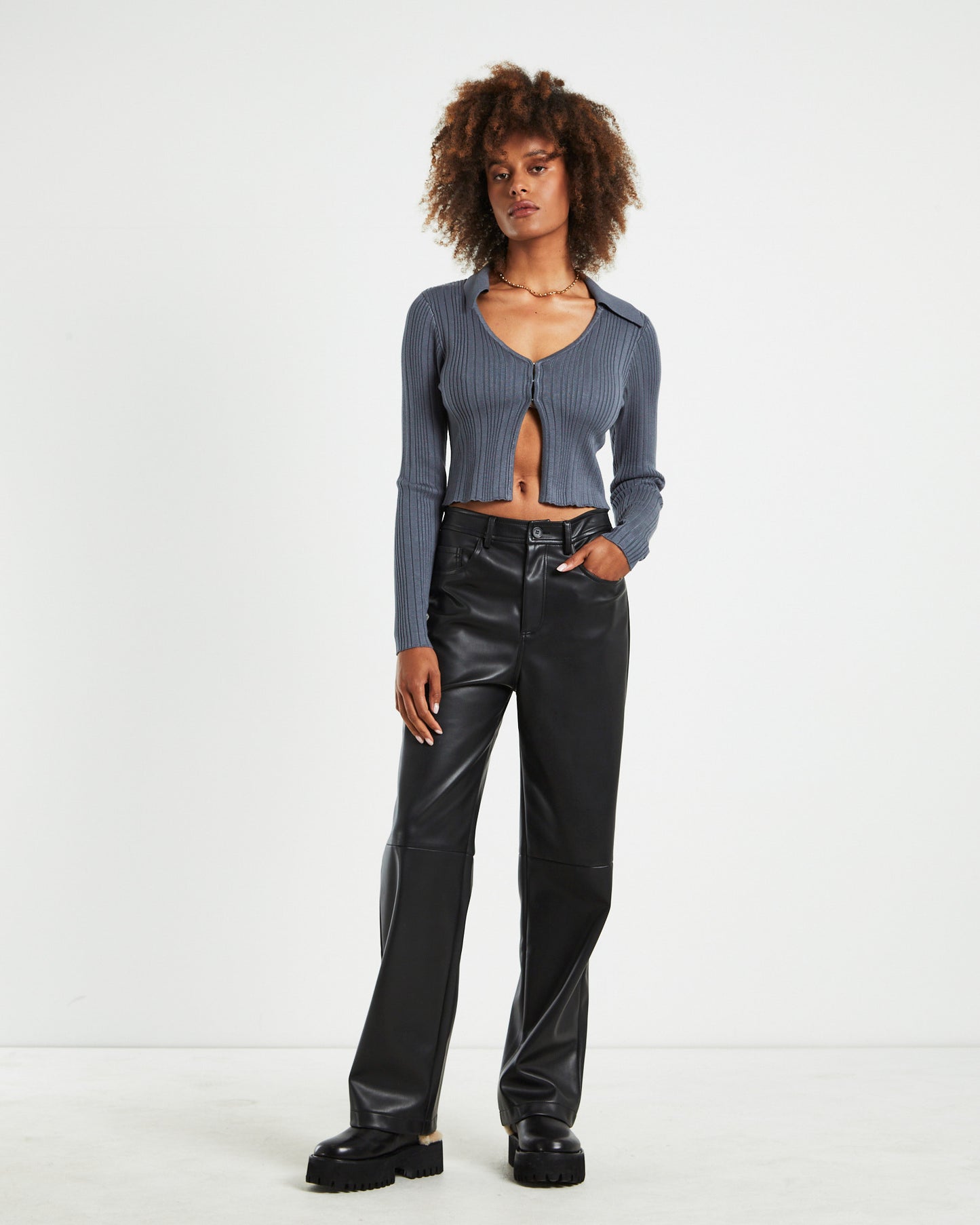 Willow Hook Front Knit Long Sleeve Top Slate Gray
