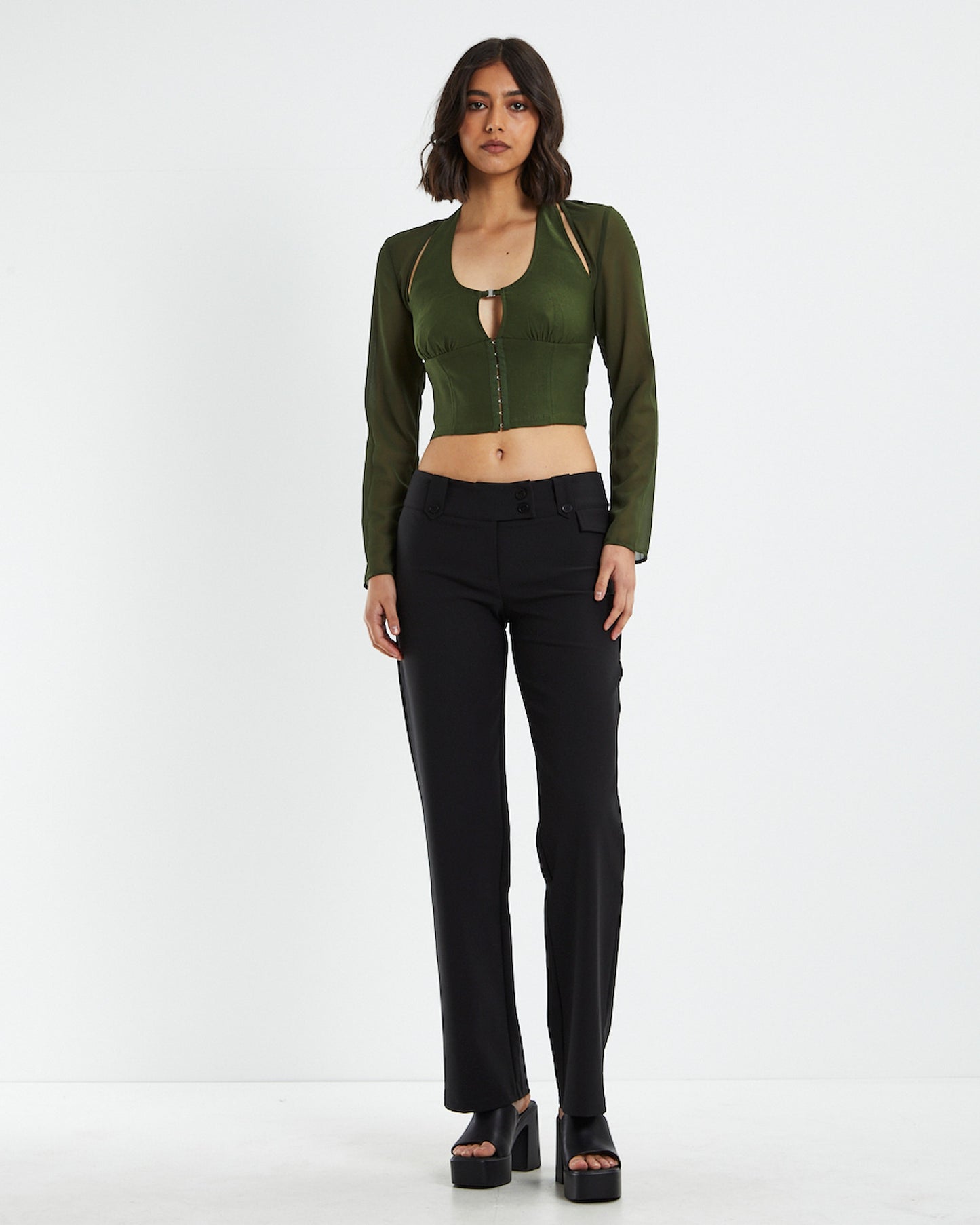 Kamali Hook Front Long Sleeve Halter Top Green