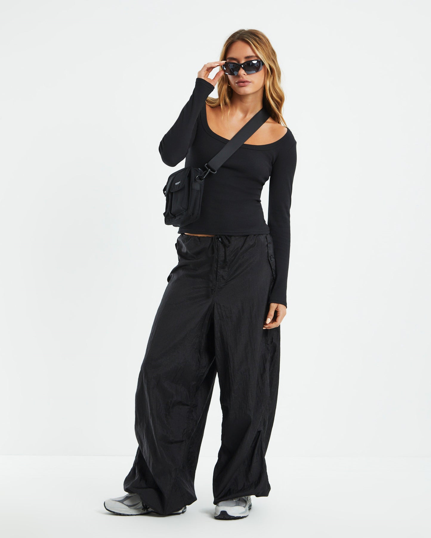 Open Neck Long Sleeve Top Black