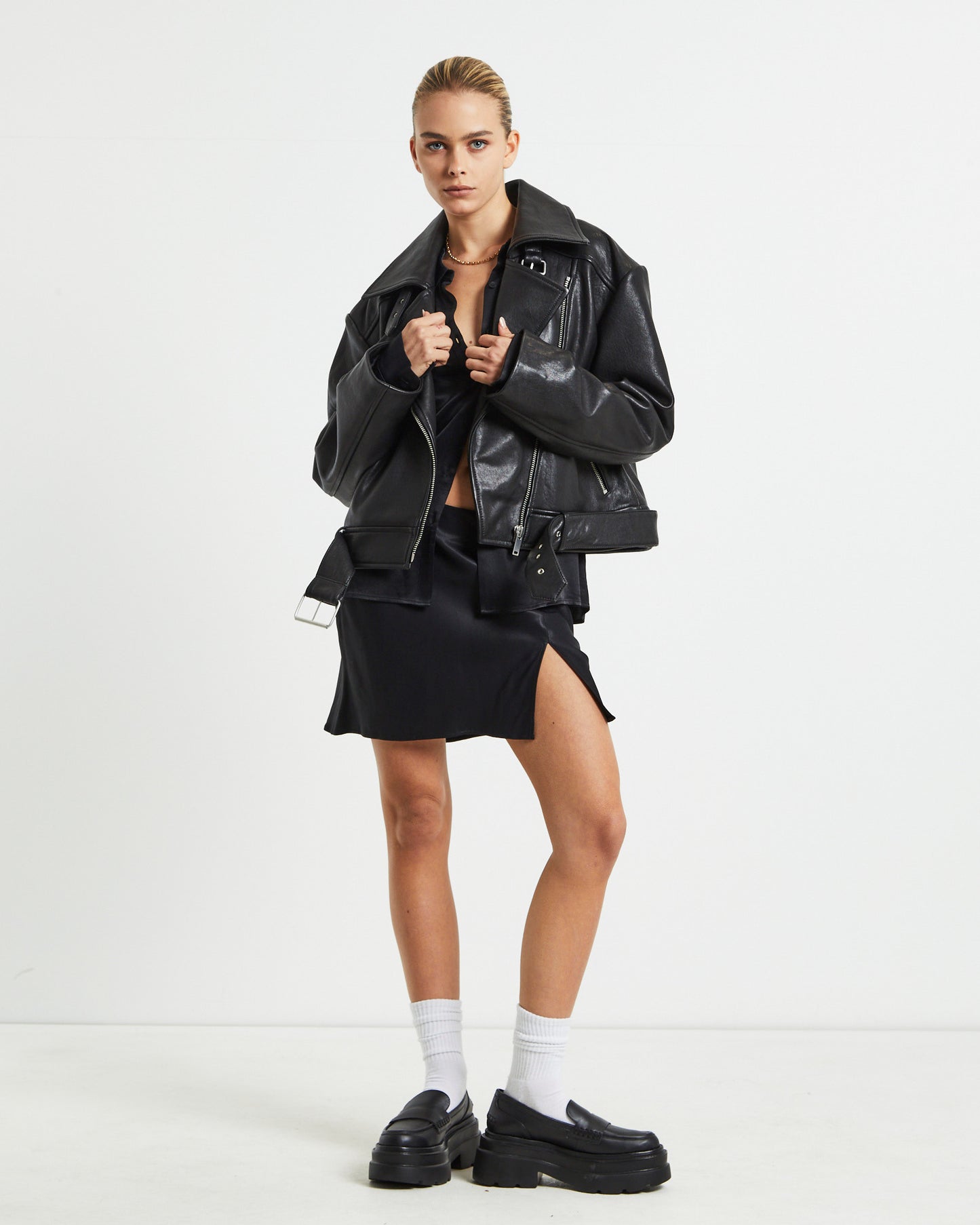 Zoe Longline Leather Biker Jacket Black