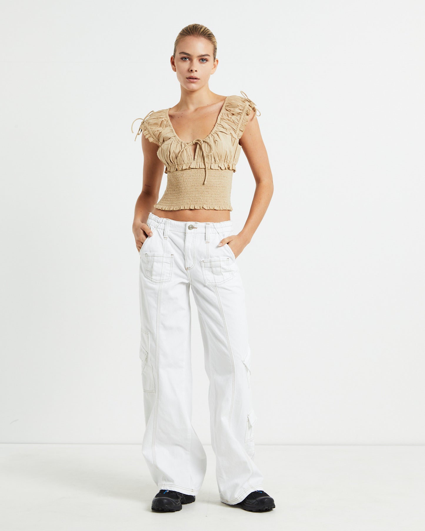 BDG Nova Rouched Blouse Top Cream