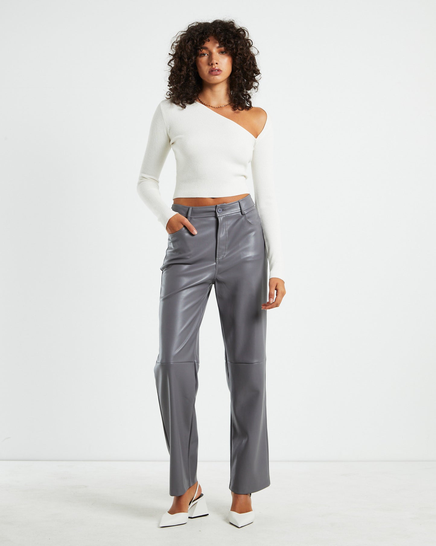 Indy Asymmetric Cut Out Long Sleeve Knit Top  White