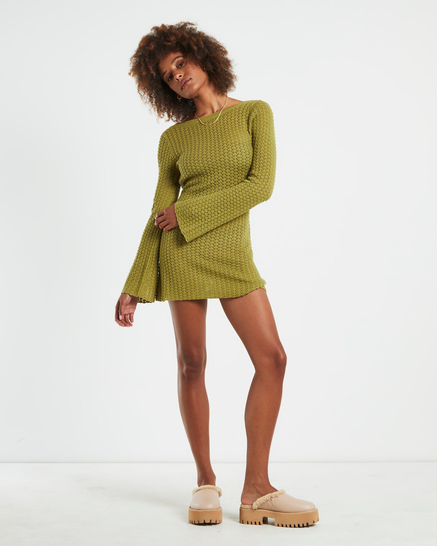 Alora Sheer Pointelle Knit Dress Green