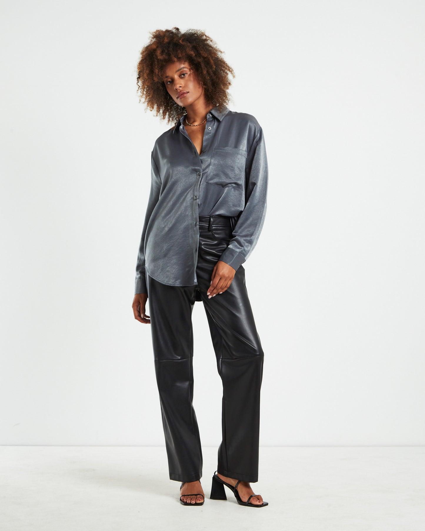 Tina Silky Oversized Long Sleeve Shirt Charcoal