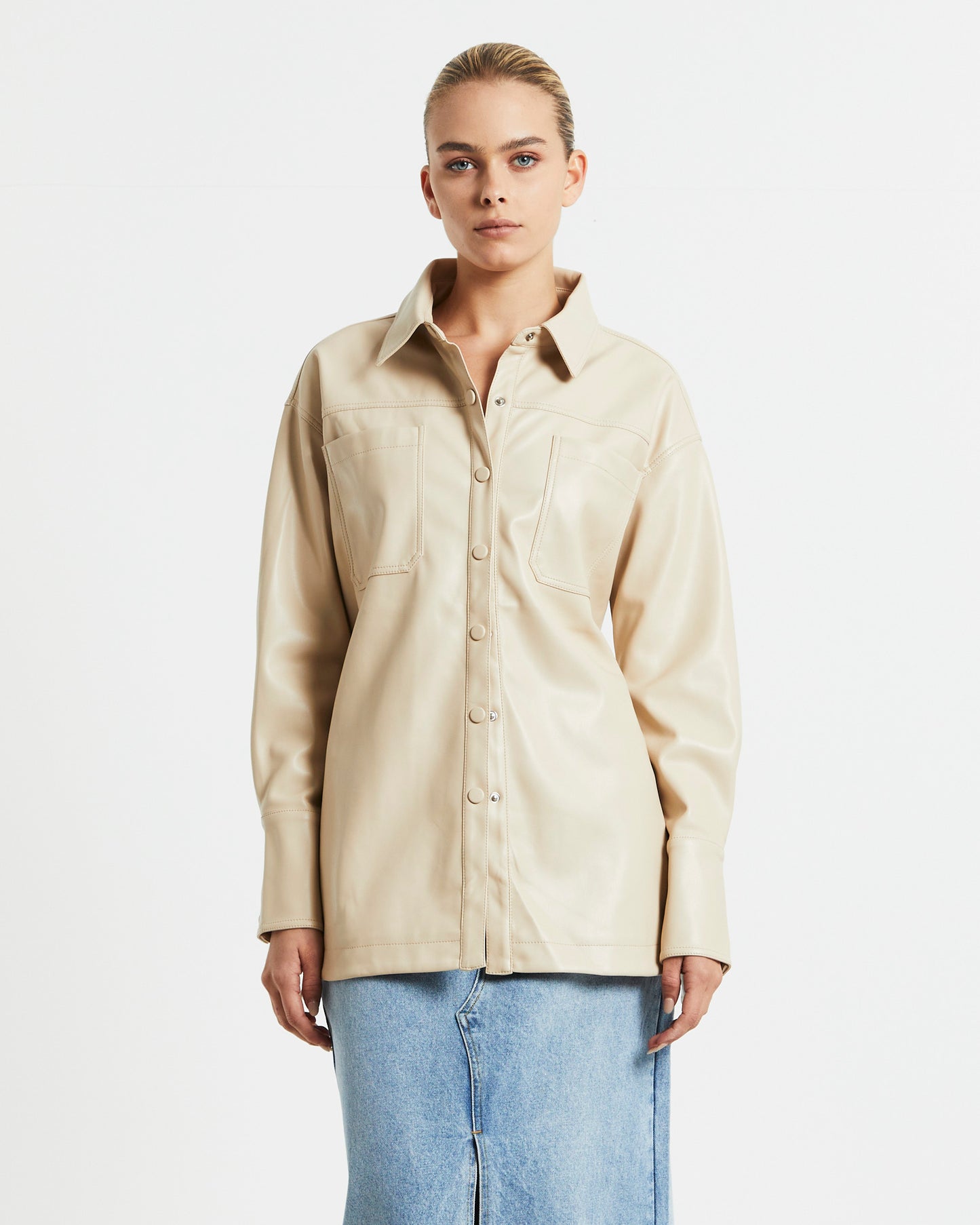 Millie PU Utility Long Sleeve Over Shirt Cream