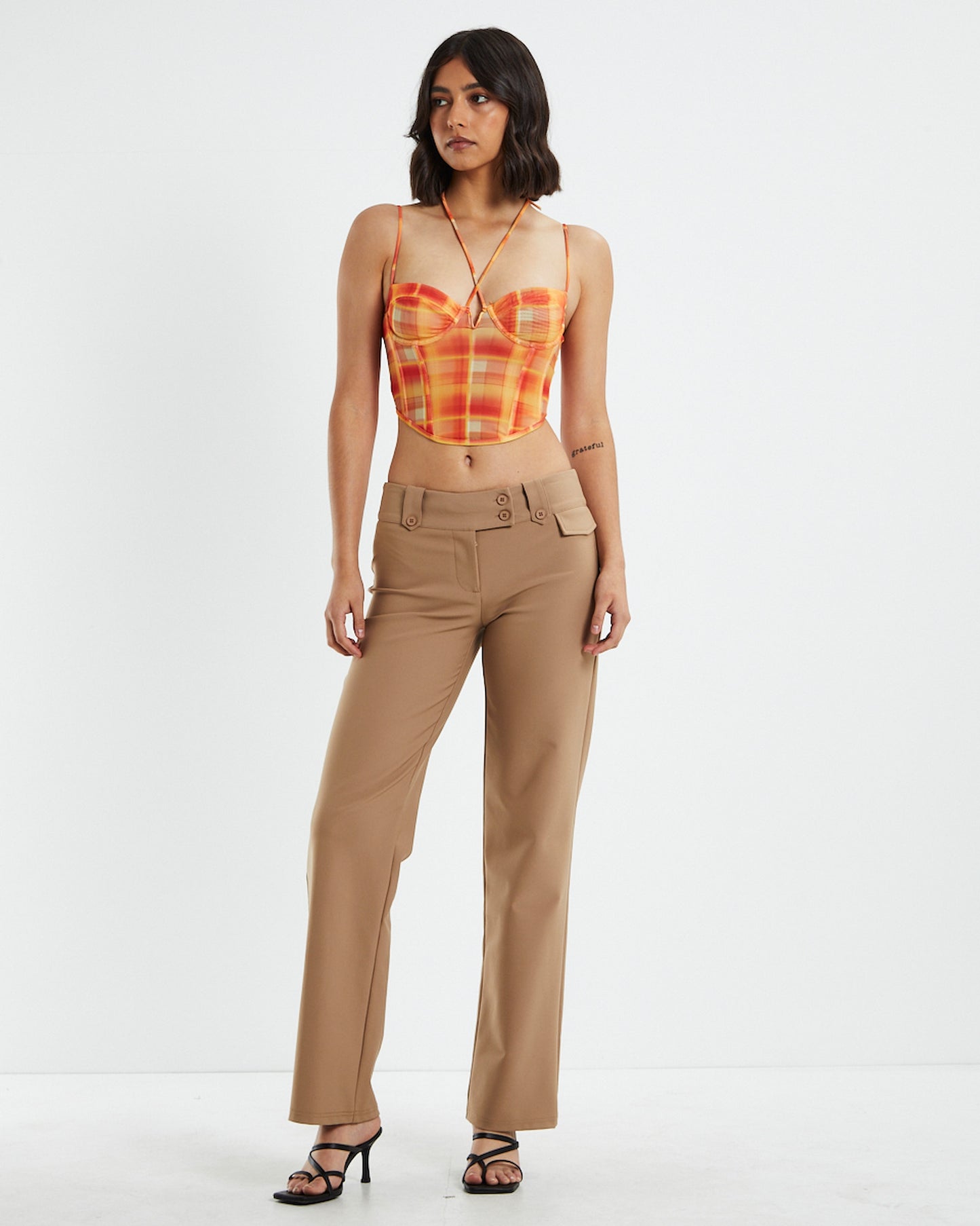 Viccy Strappy Cross Front Corset Check Orange