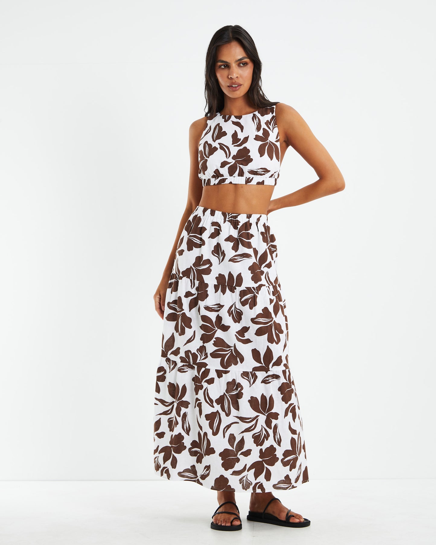 Niah Linen Tiered Midi Skirt Brown/White