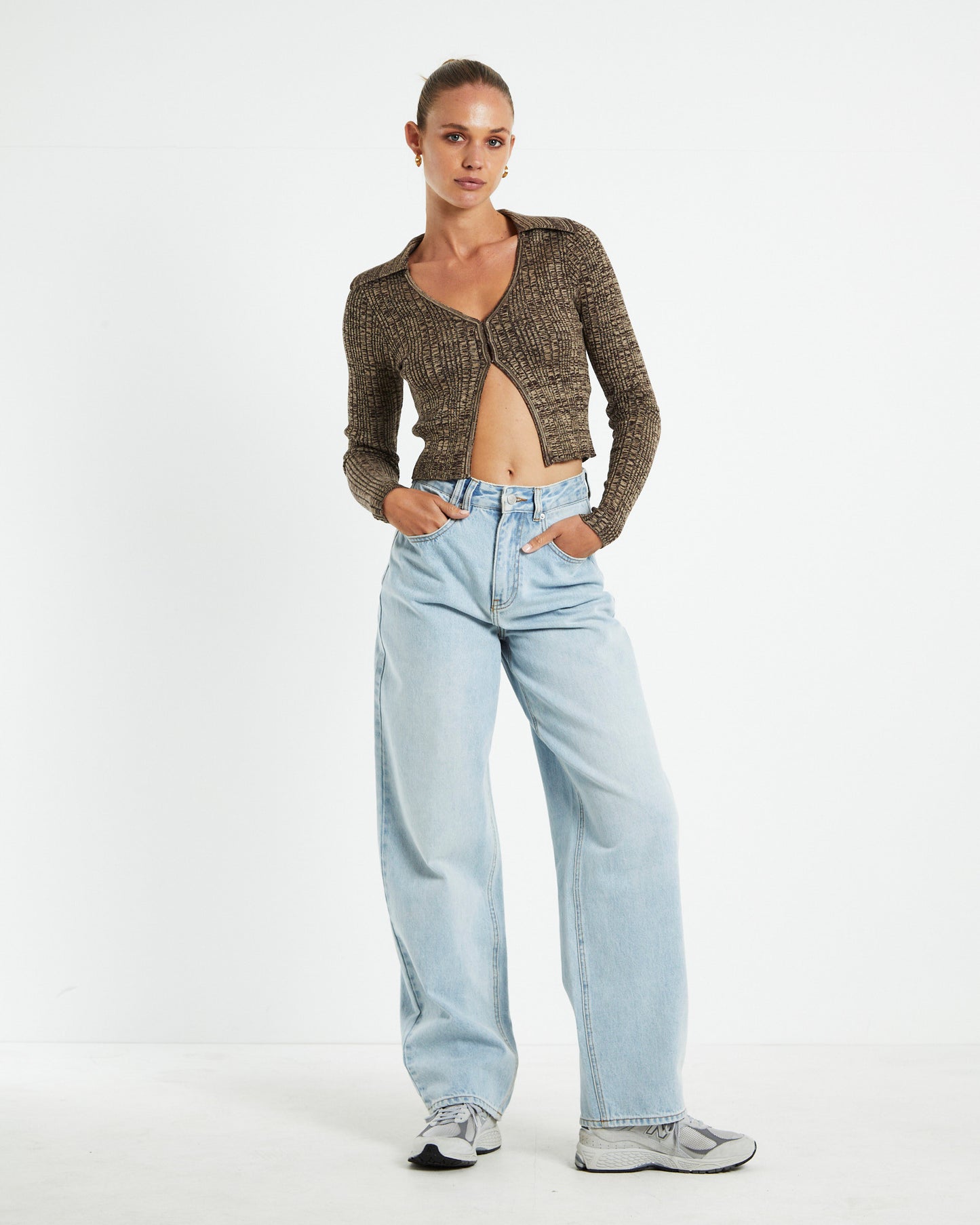Willow Hook Front Knit Long Sleeve Top Brown