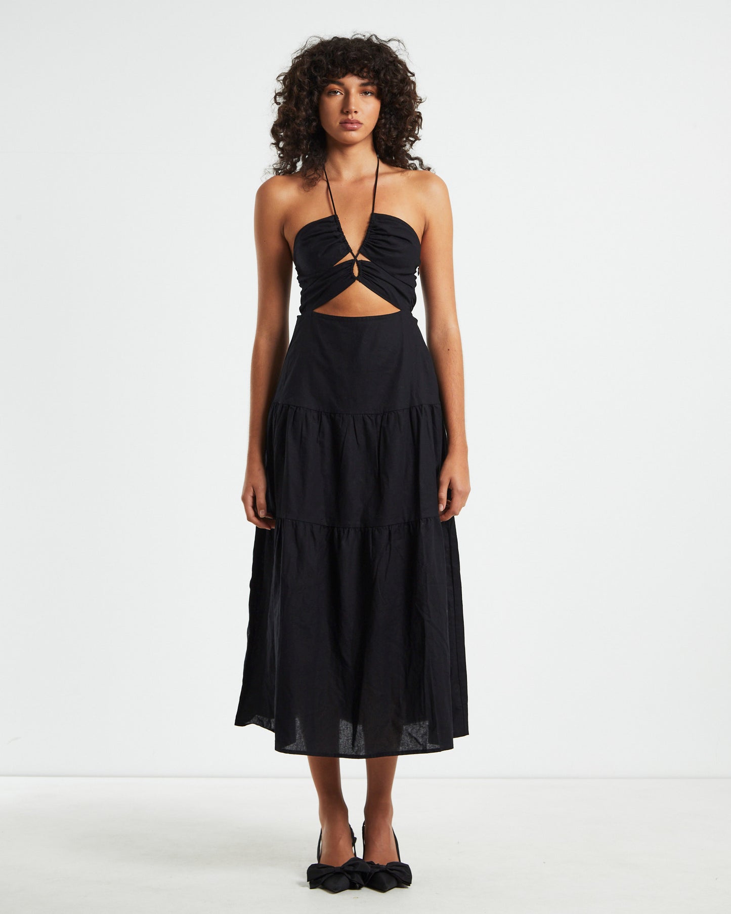 Niah Tiered Tie Up Midi Dress in Black