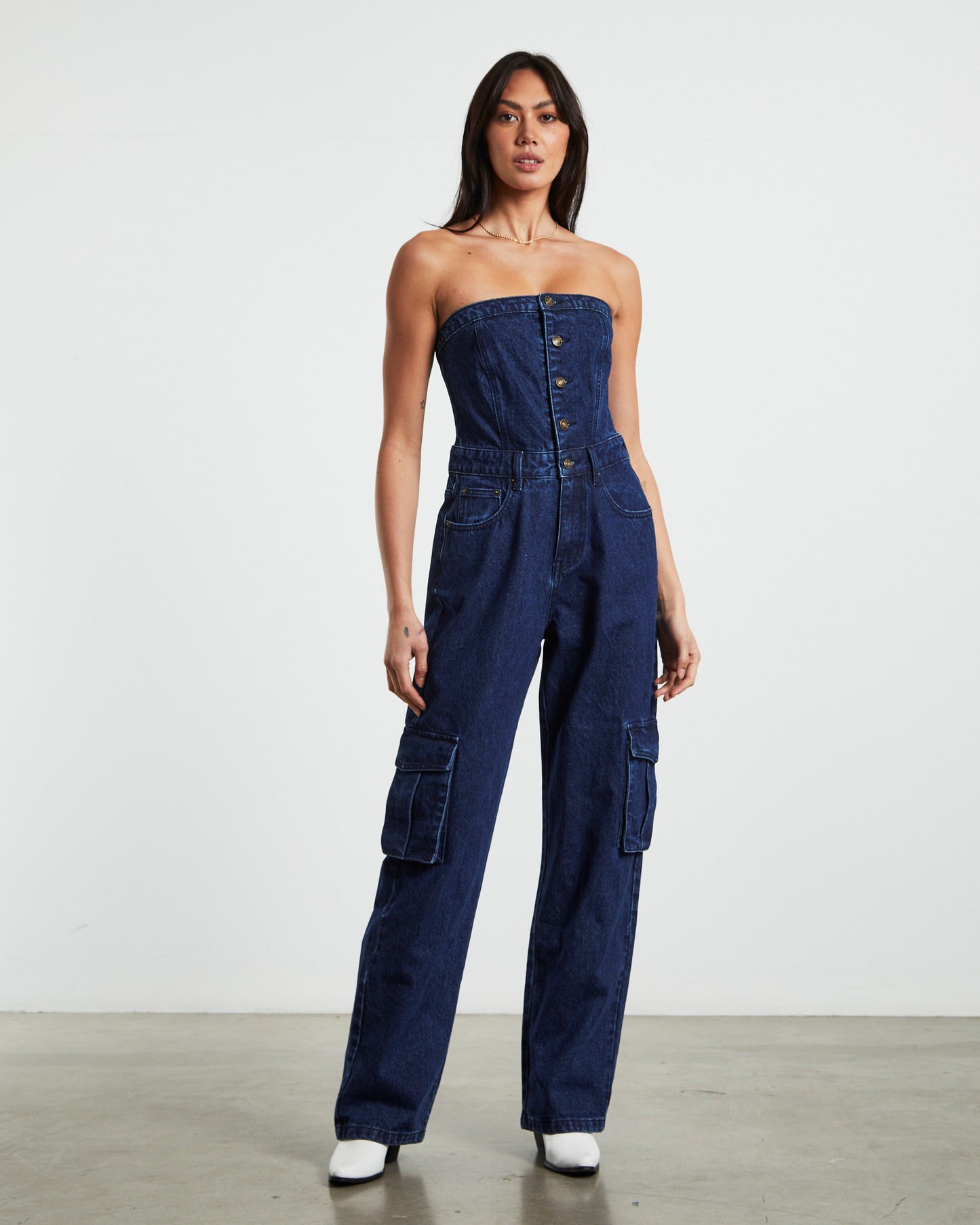 Sabrine Strapless Denim Boiler Suit Ink Blue