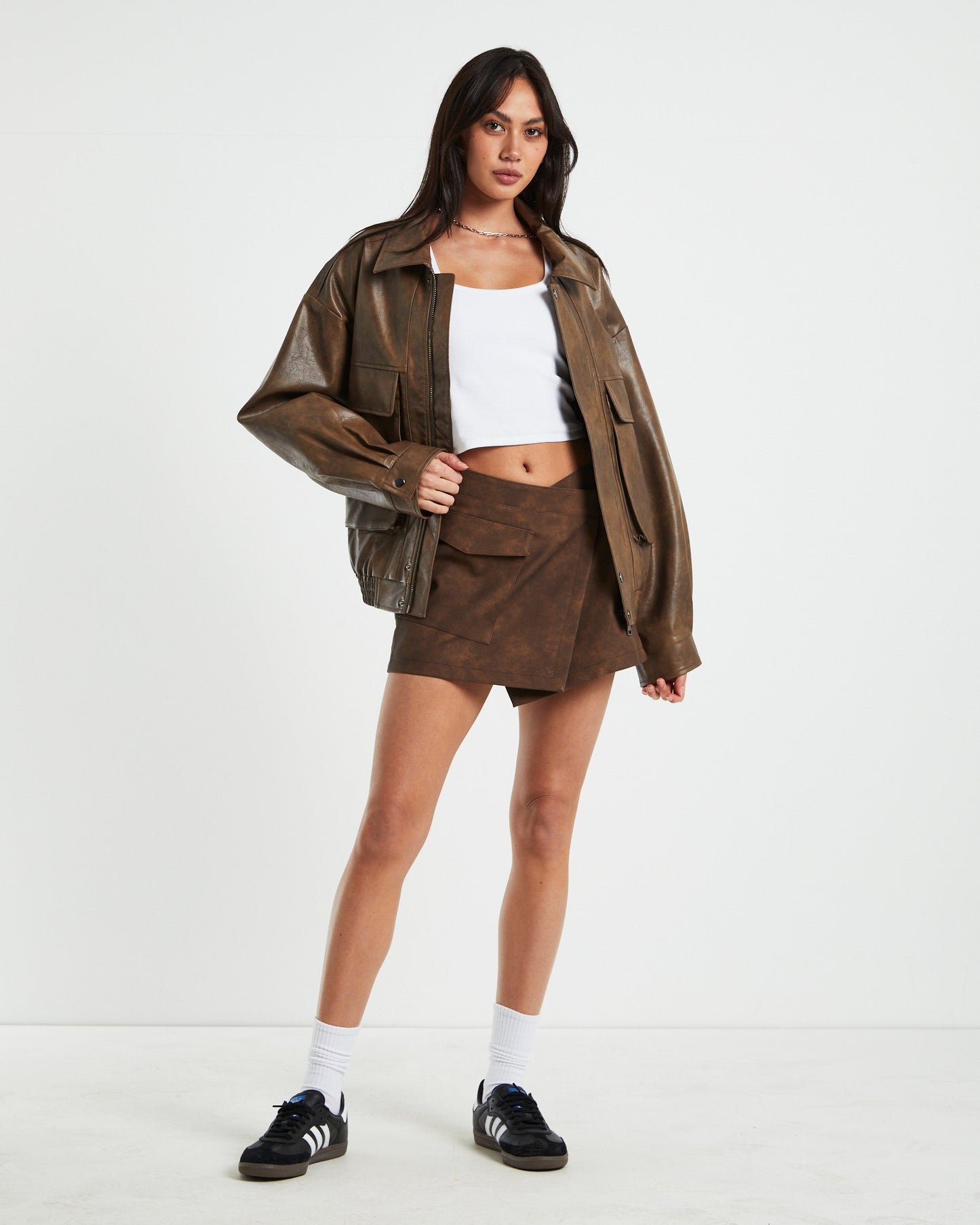 Clover Moto Trim Asymmetric Warp Skirt Brown