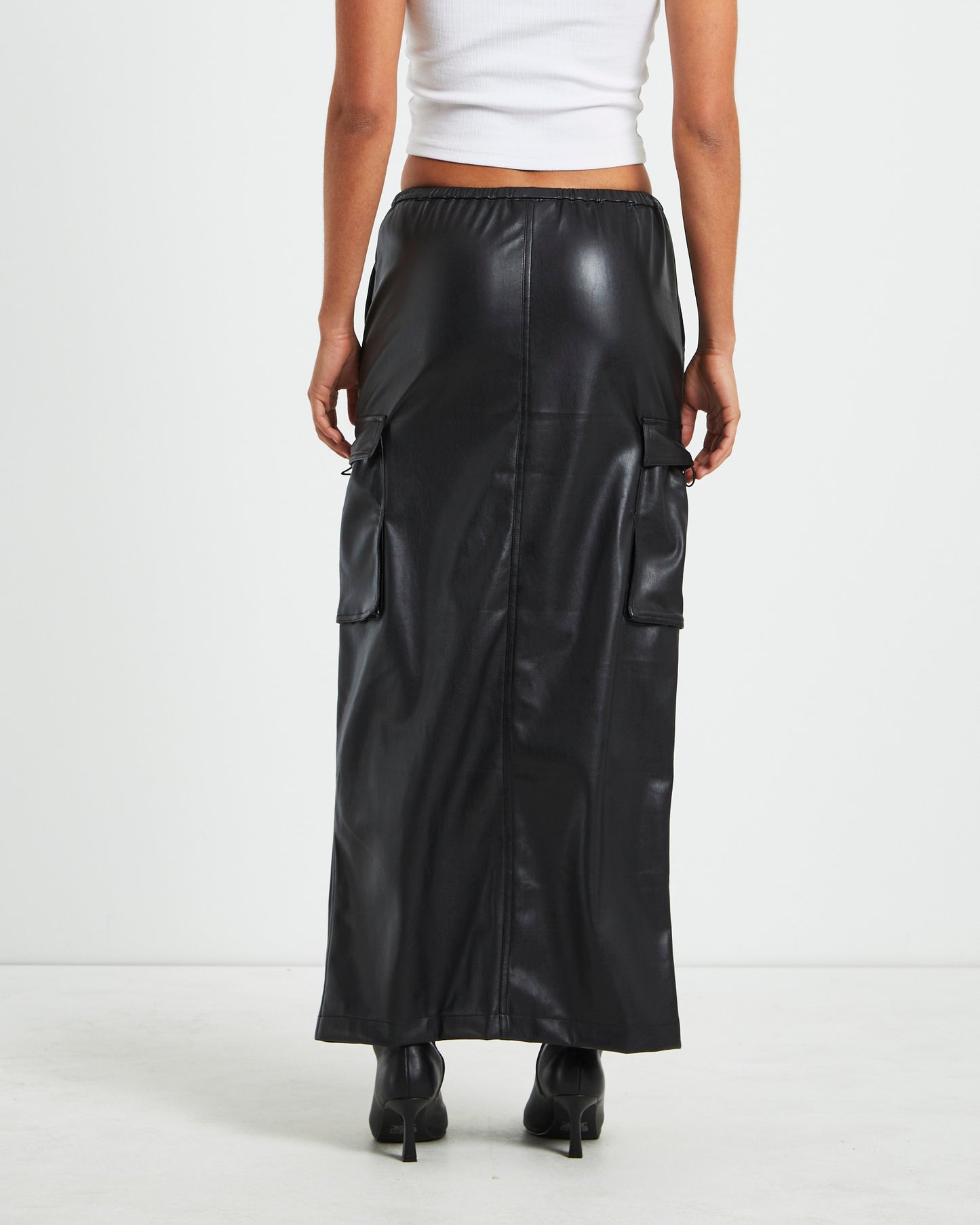 Phoebe Leather Look Cargo Skirt Black