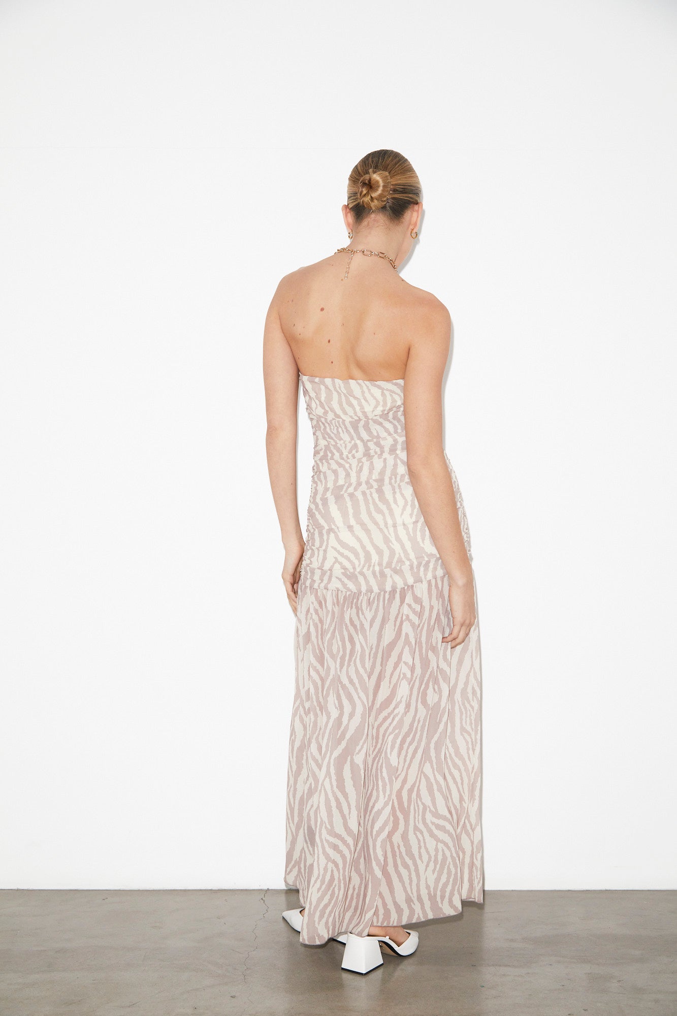 Cassie Ruched Low Strapless Dress in Beige