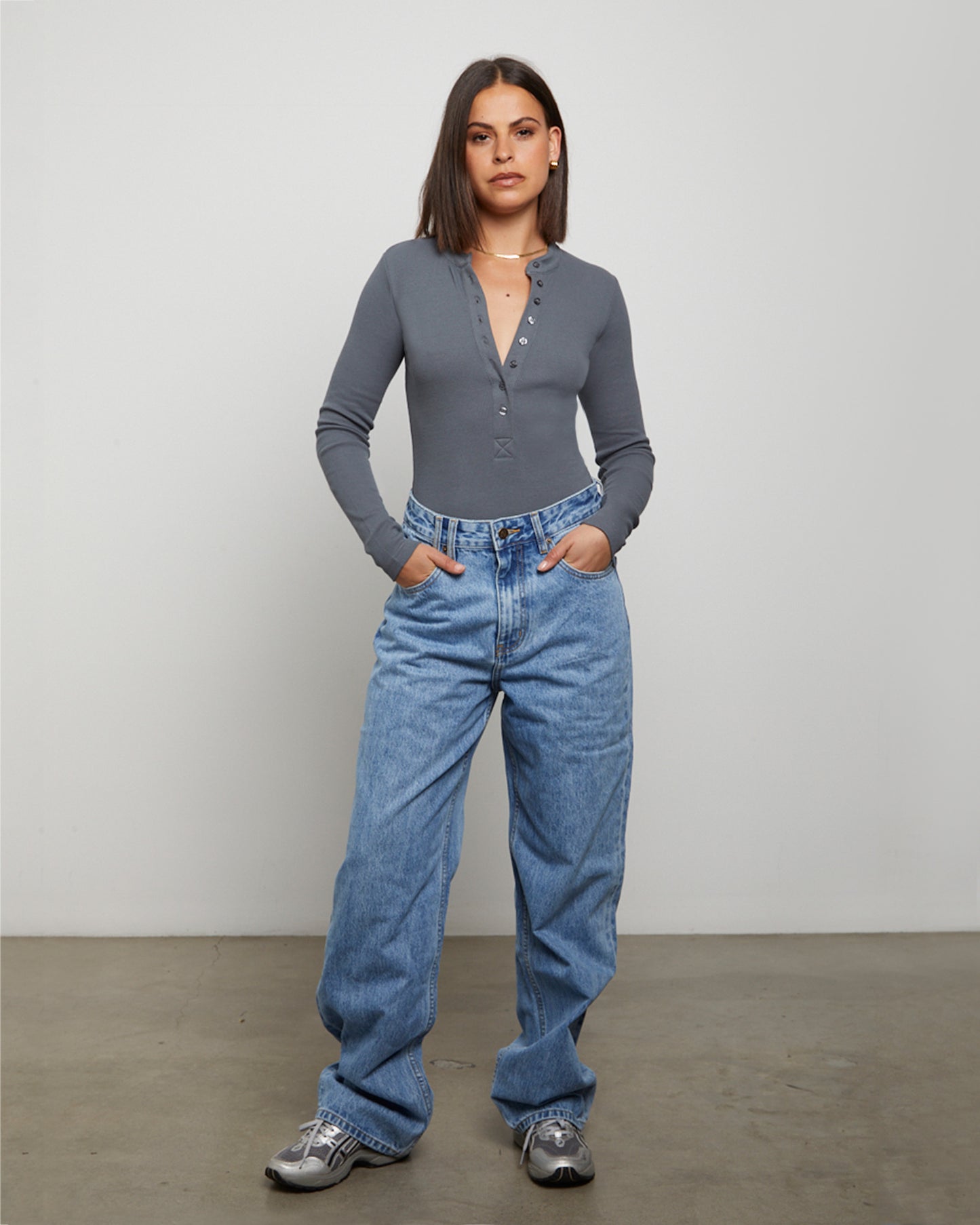 Button Front Long Sleeve Bodysuit in Slate Grey