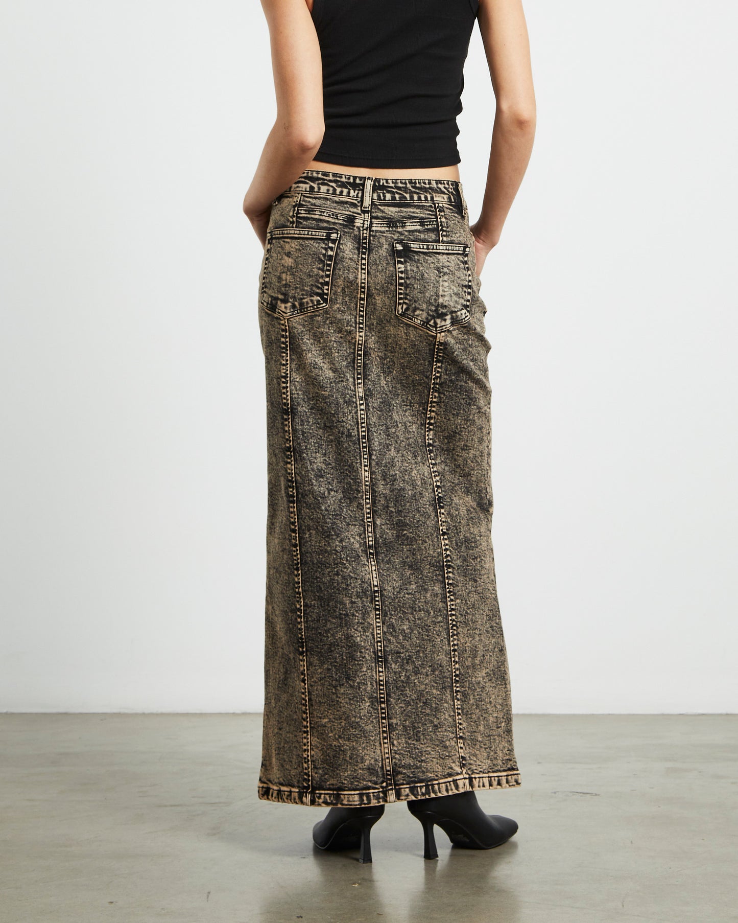 Ines Panel Black Midi Denim Skirt in Vintage Tint