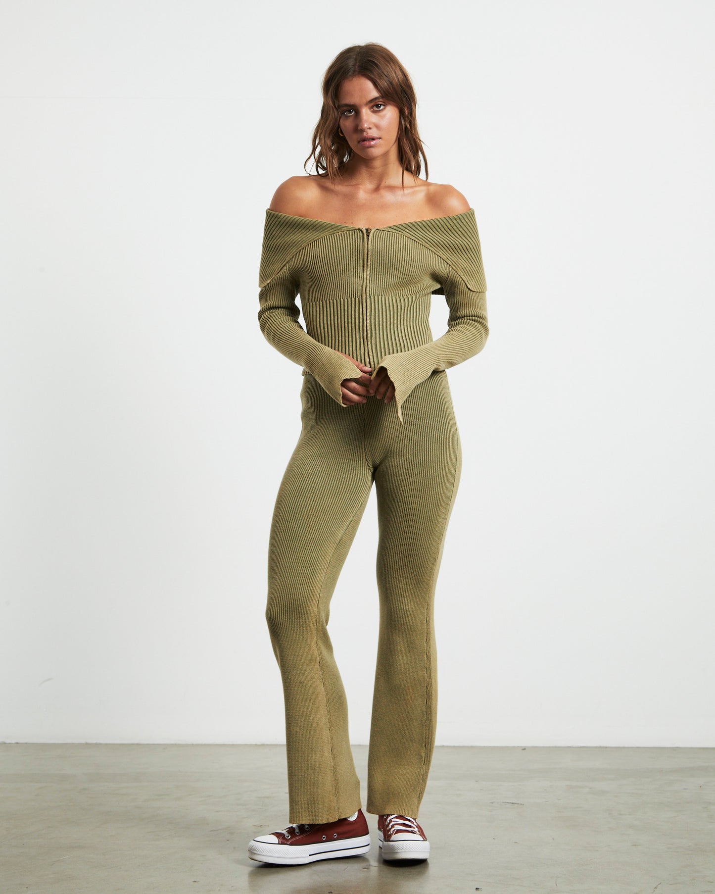 Angelique Zip Front Acid Rib Cardigan in Khaki Green