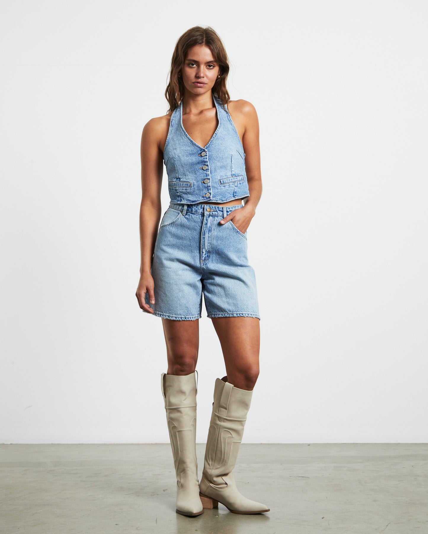 Halter Denim Vest in Bessette Blue