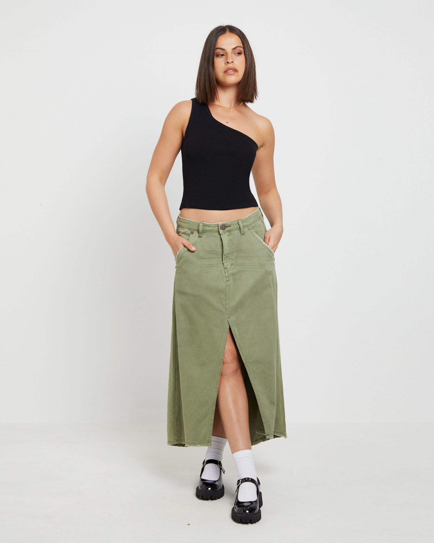St Khaki Mrs Carter Long Denim Skirt in Green
