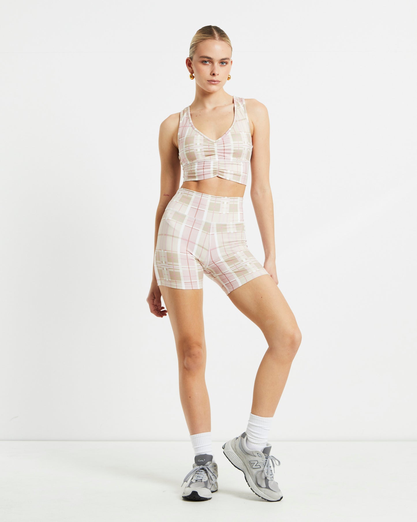Gather Front Crop Top in Pink Check