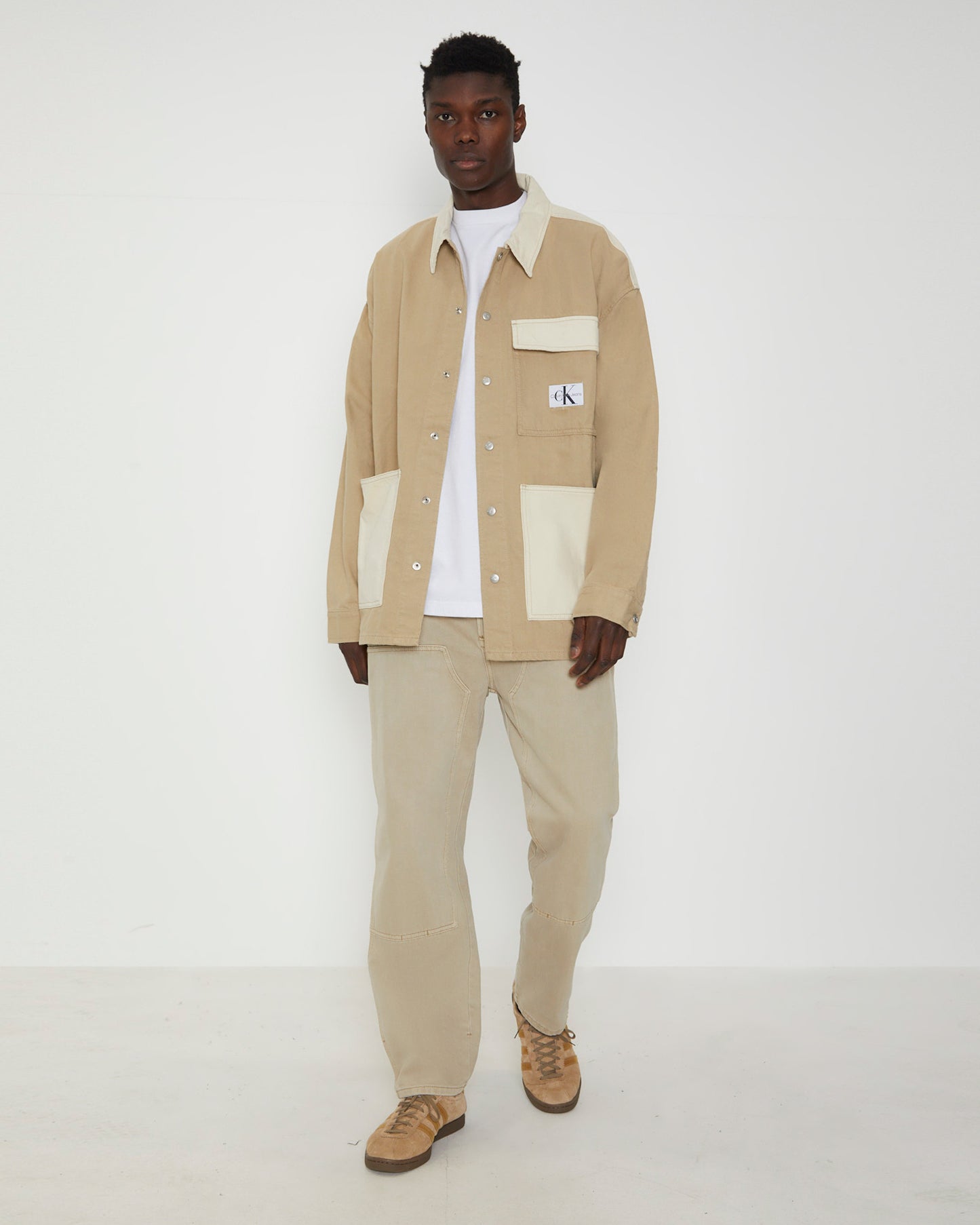 Oversized Utility Panel Denim Shirt Jacket in Neutral