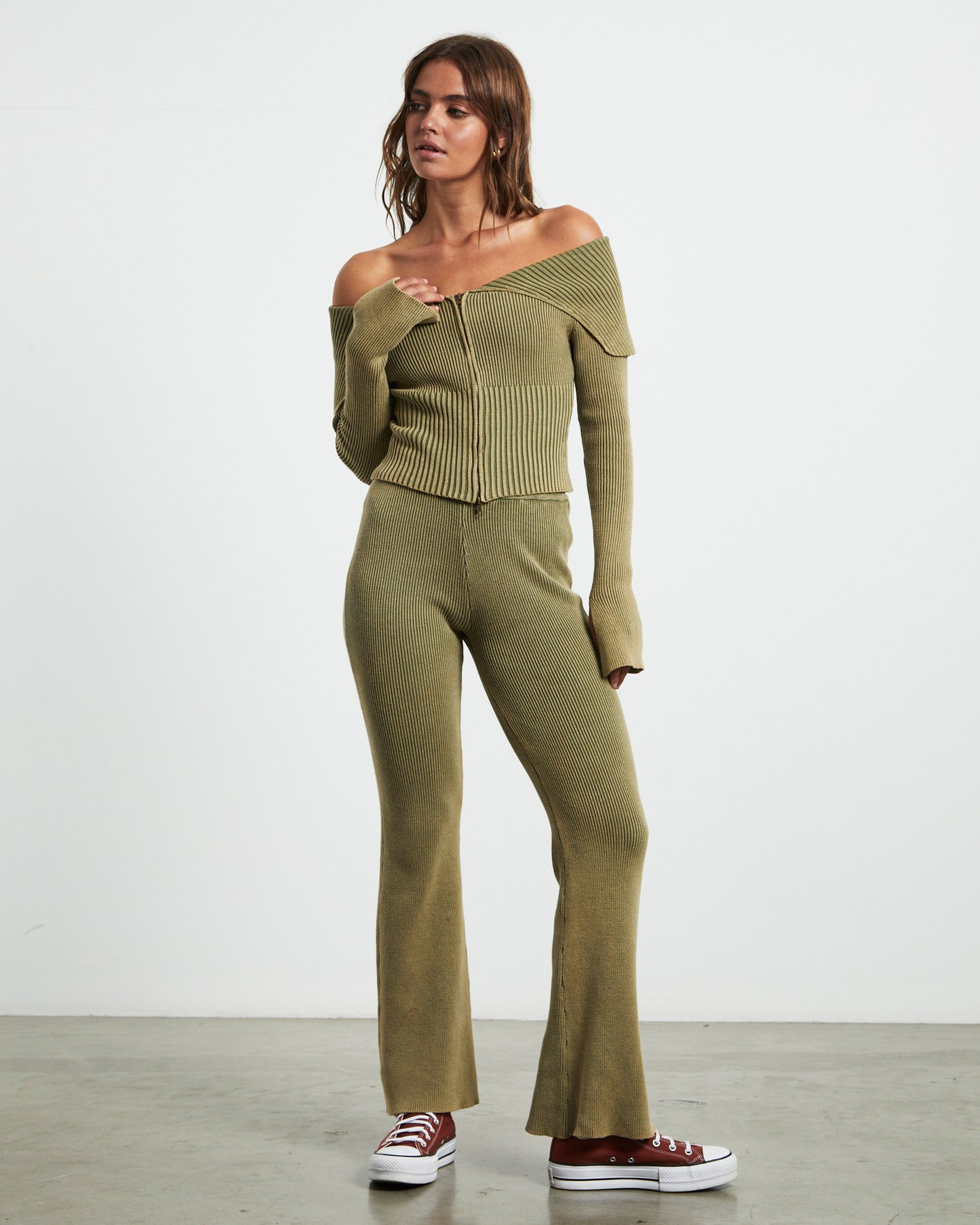 Angelique Acid Wash Rib Soft Flare Pant in Khaki