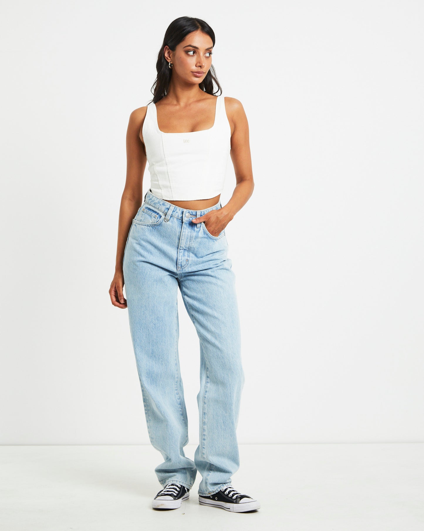 Monique Denim Corset Top in Bleached White