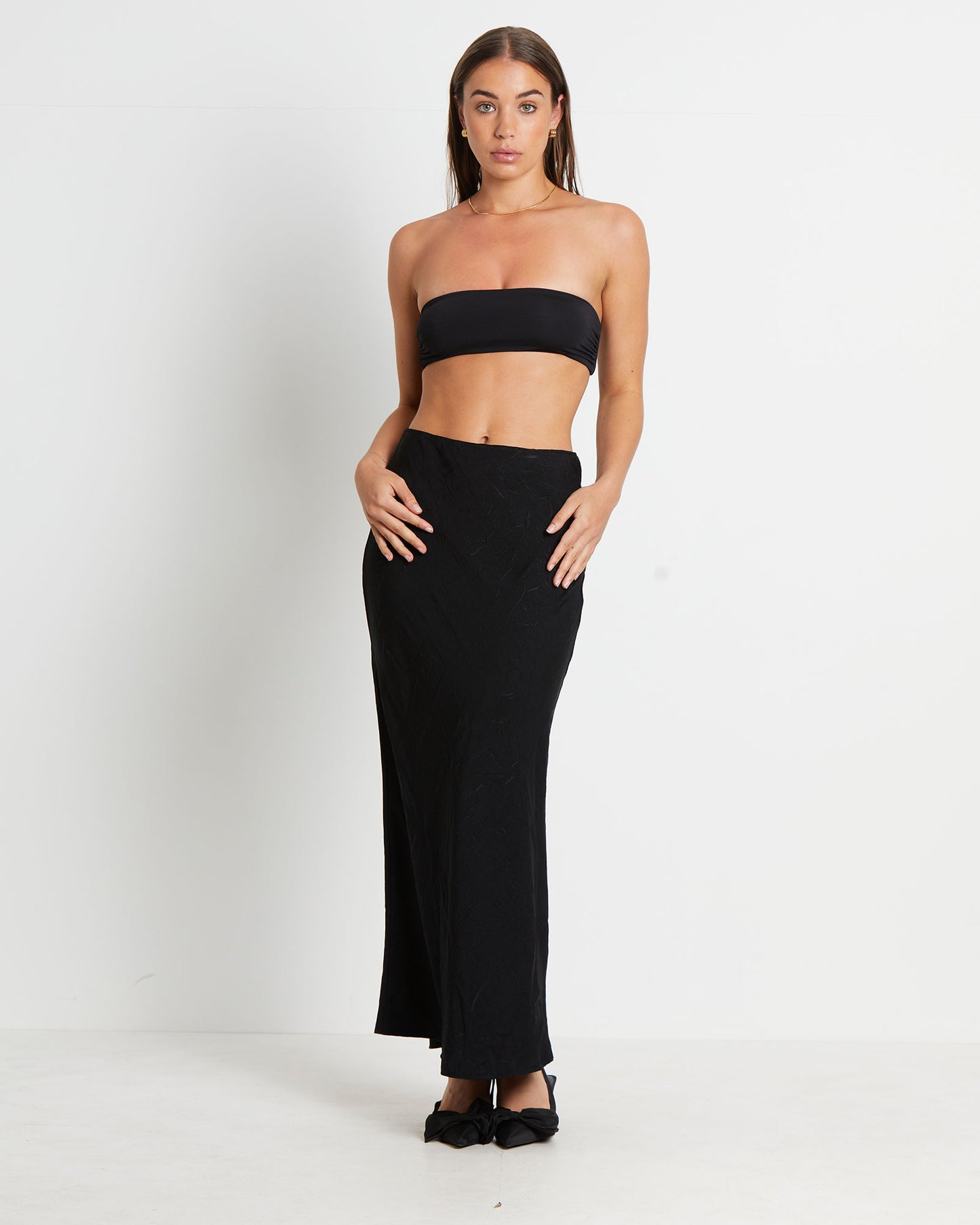 Allegra Crinkle Satin Maxi Skirt in Black