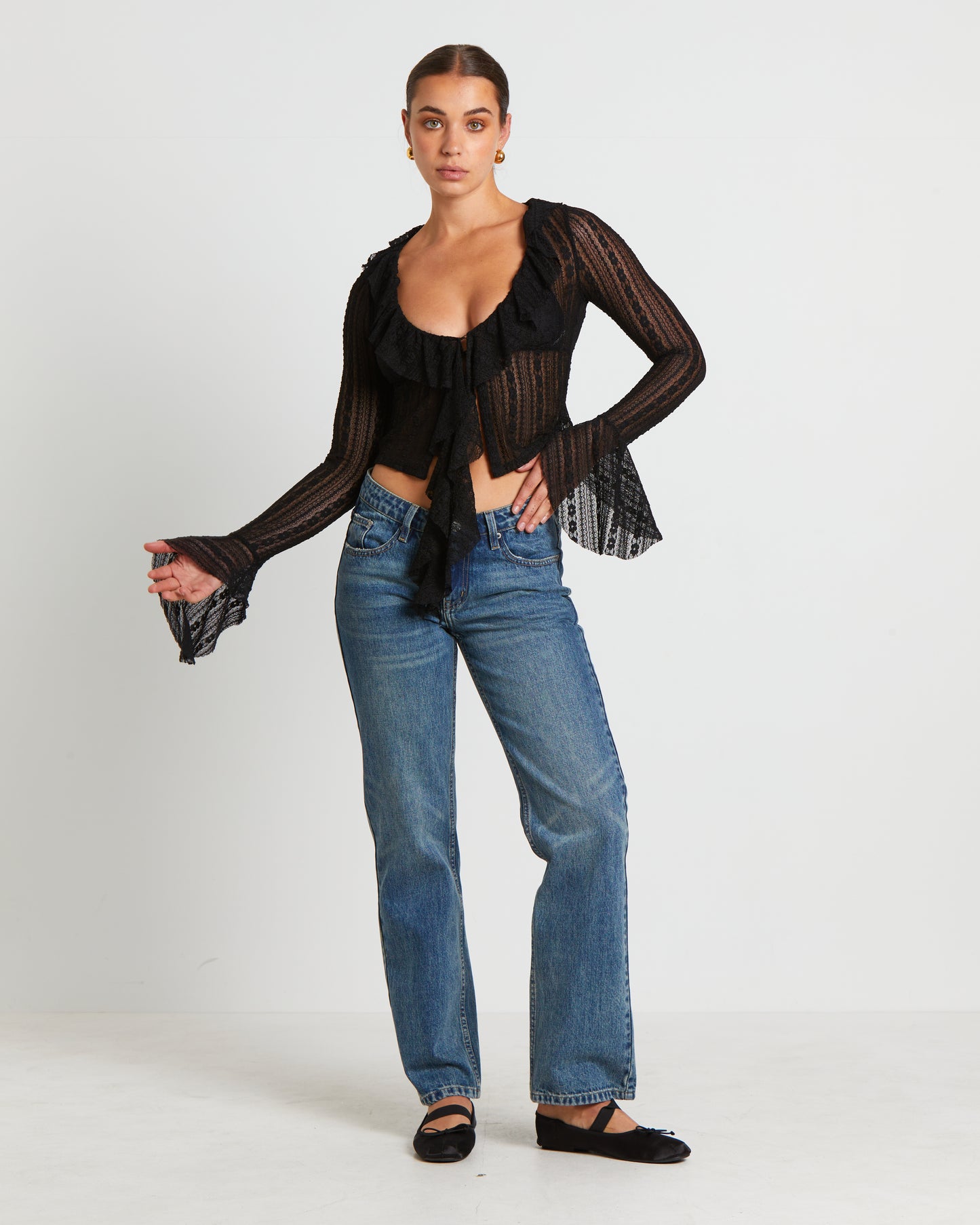 Janie Fairy Core Lace Plunge Shirt in Black